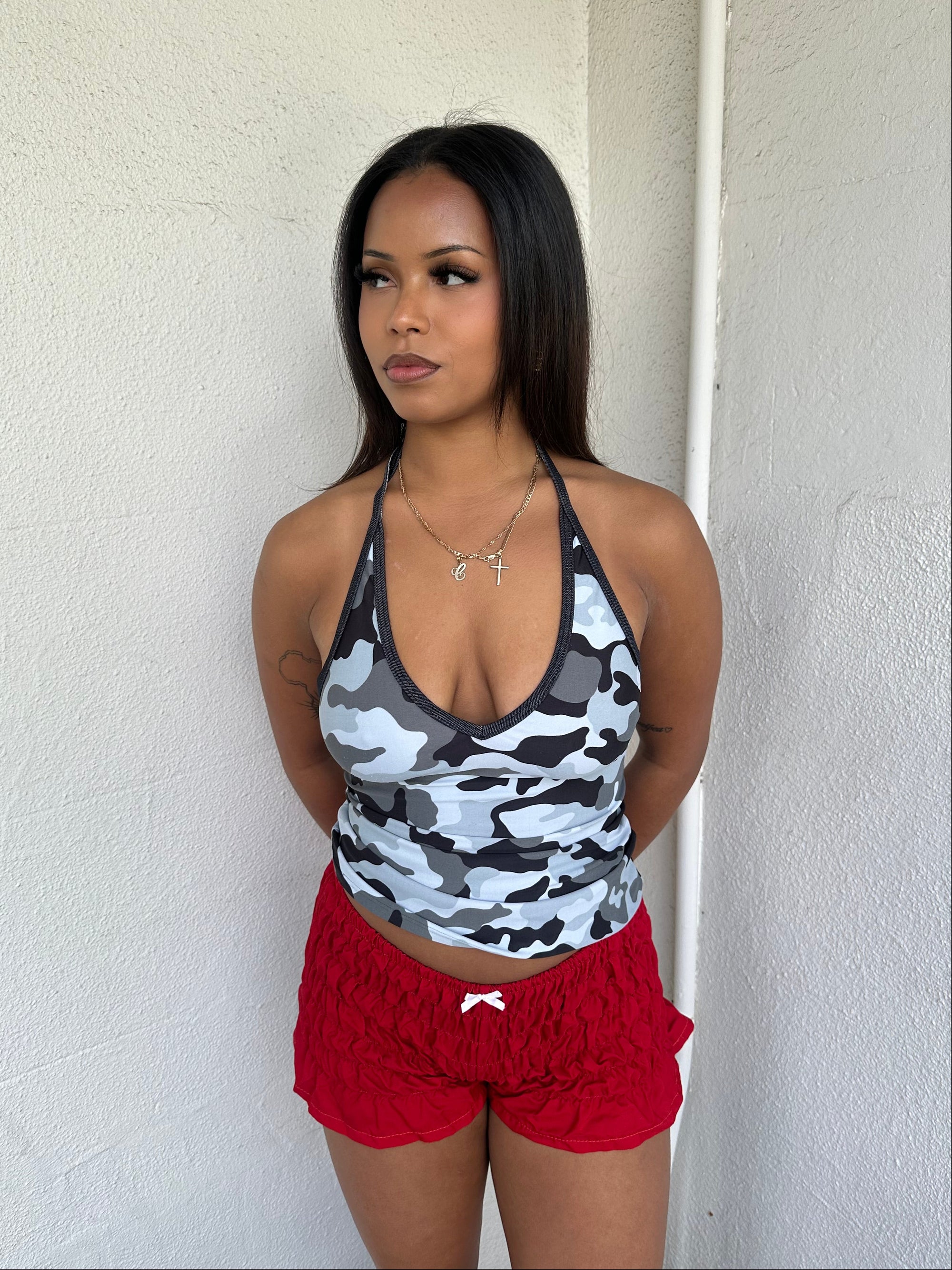 Grey Camo Print Halter Neck Top
