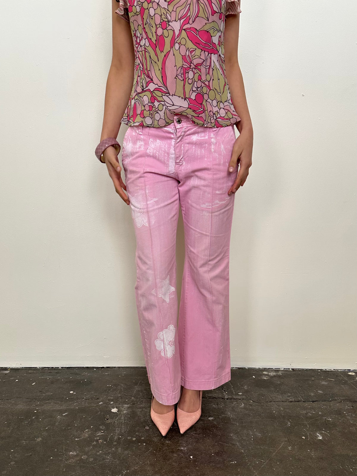 Baby Pink Flower Printed Bootleg Pants - Size M