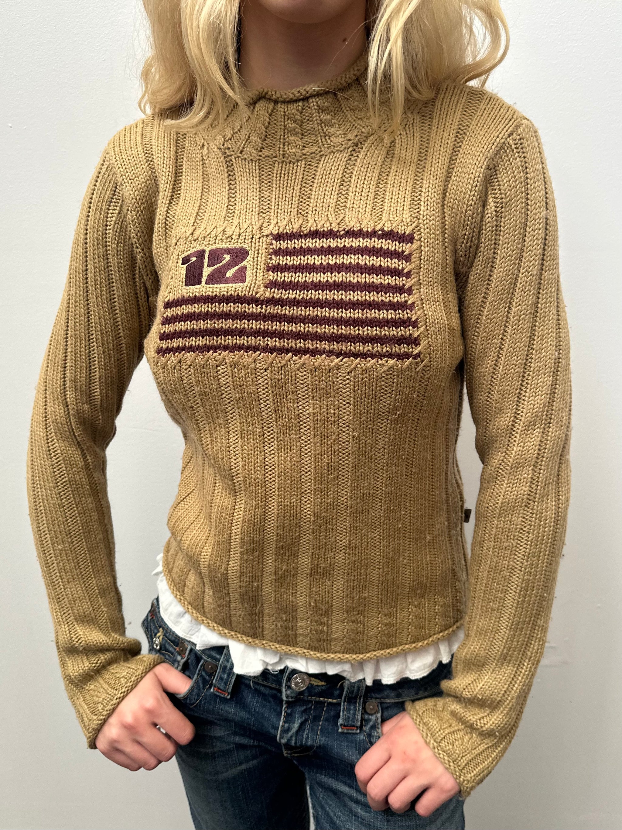 Flag Design Tan Ribbed Jumper - Size M
