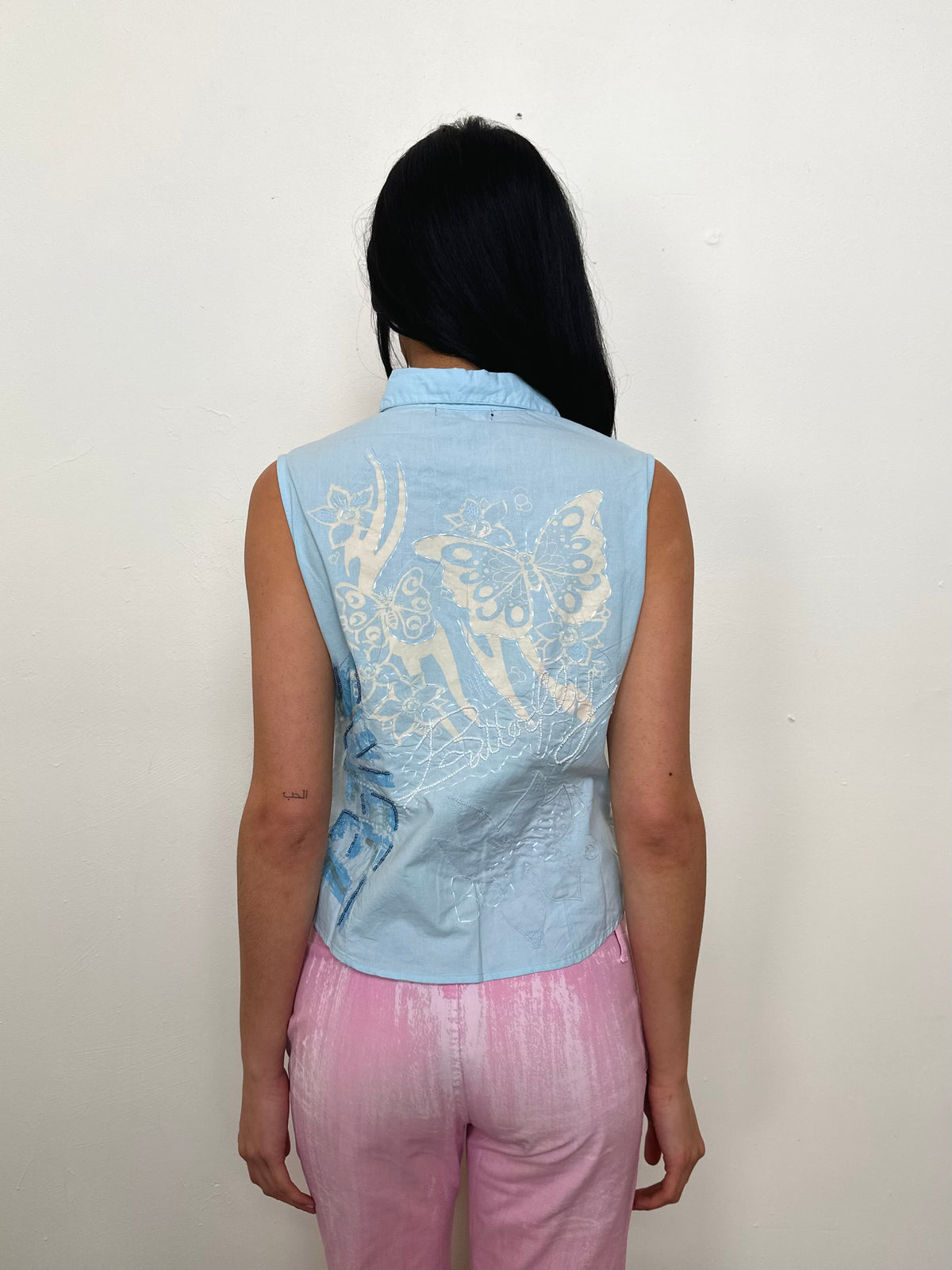 Deadstock Baby Blue Beaded Sleeveless Shirt - Size S