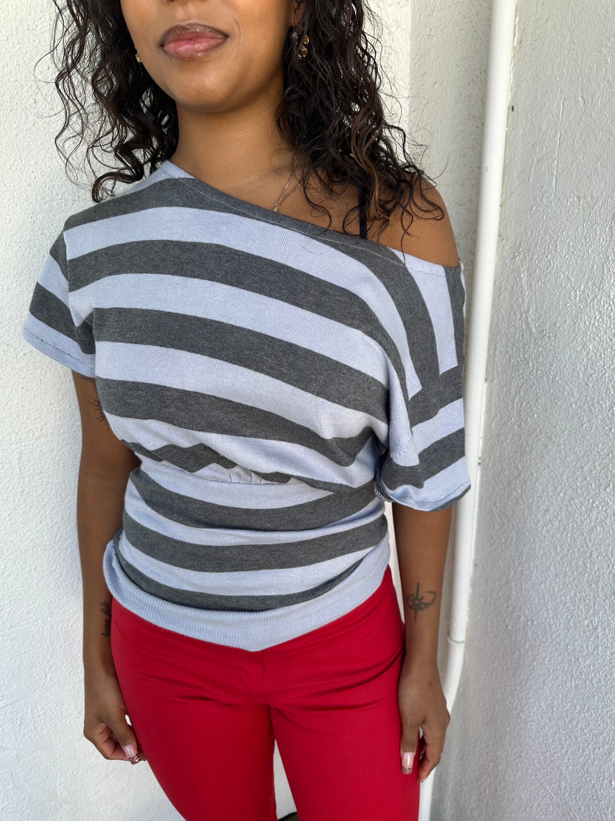 Grey Stripe Off Shoulder Knit Top - Size S