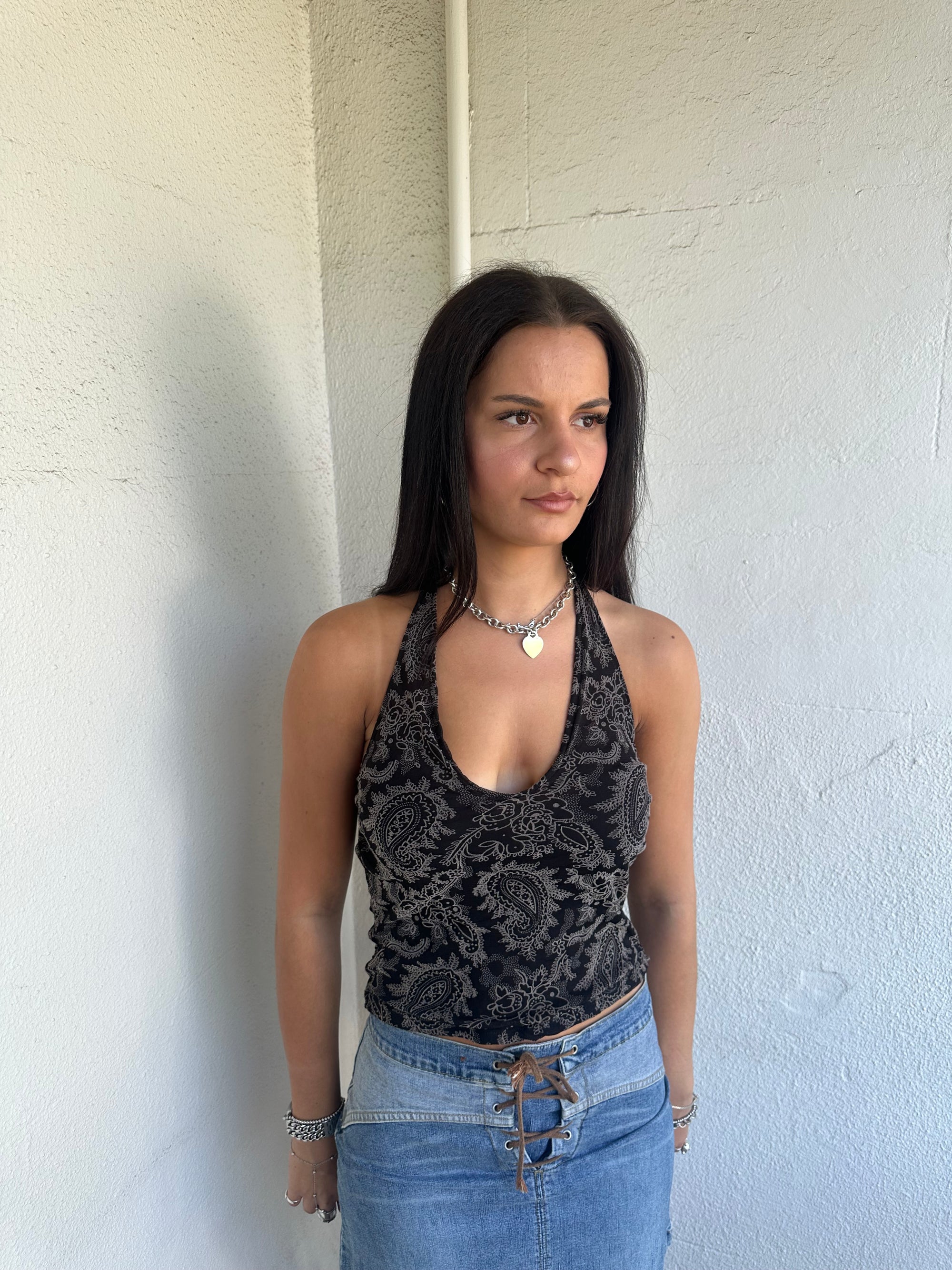 Black Paisley Print Halter Top - Size S