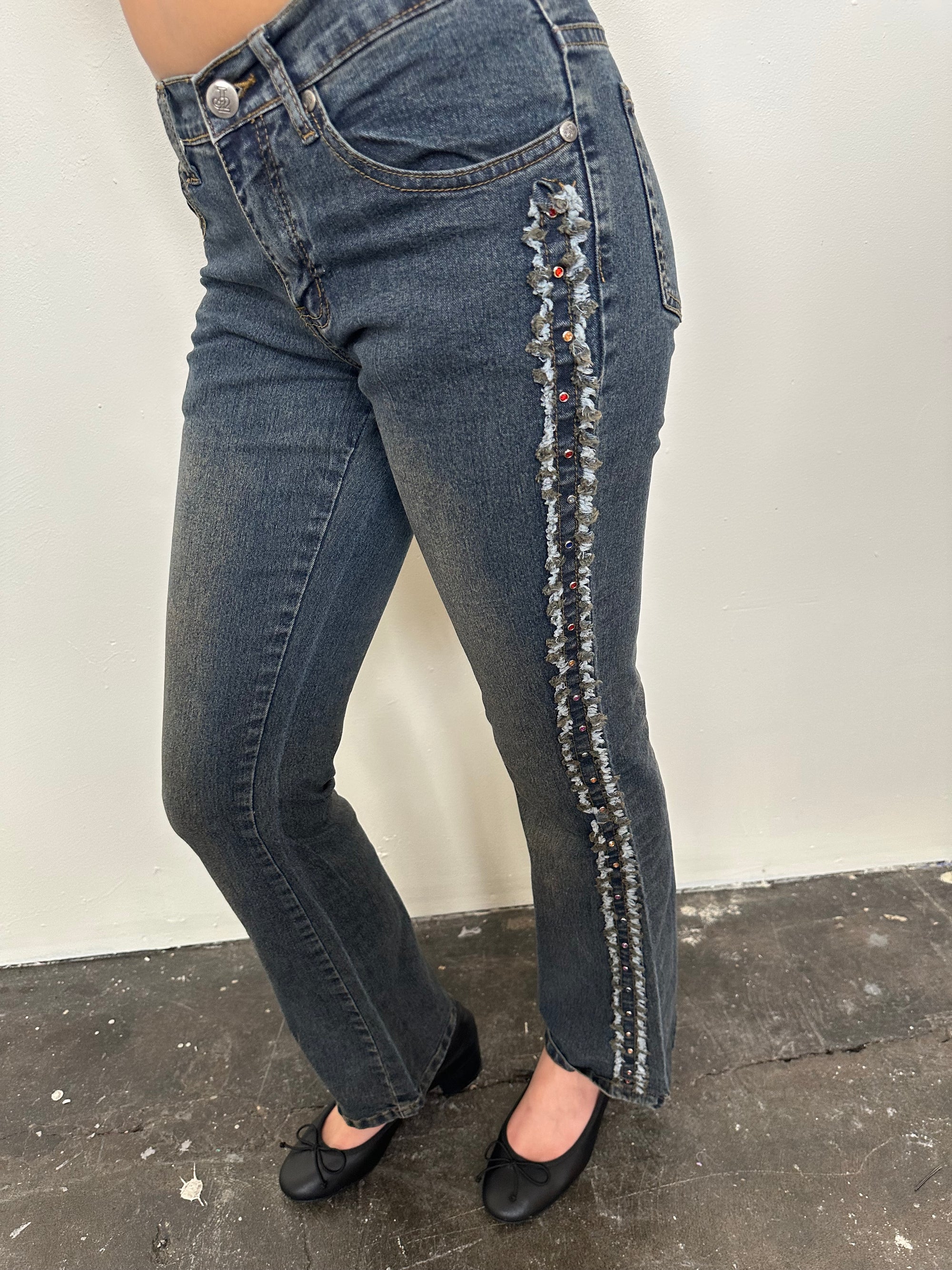Rhinestoned Dark Wash Mid-rise Bootcut Jeans - Size XS