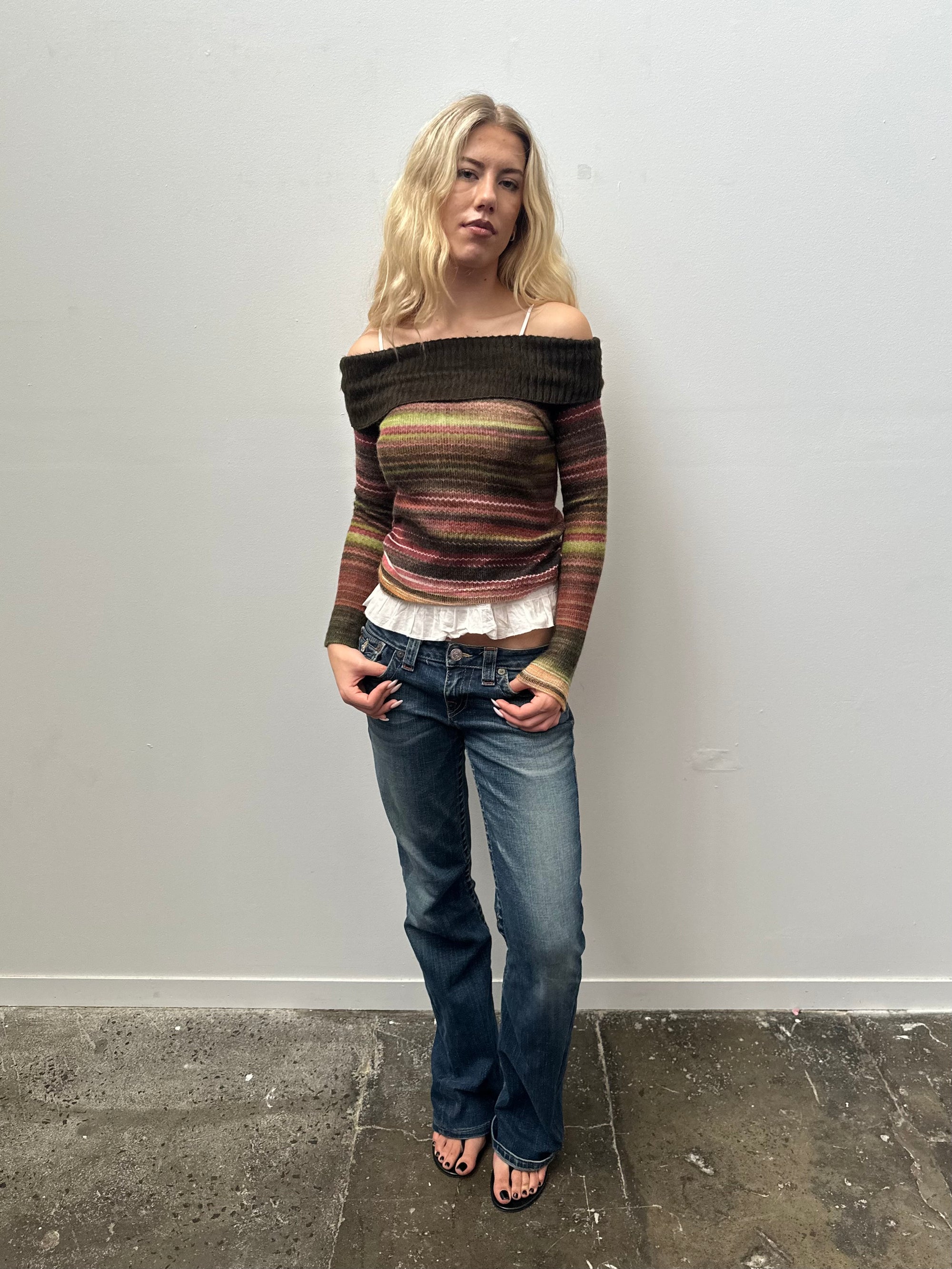 Brown Stripped Knit Off the Shoulder Top - Size S
