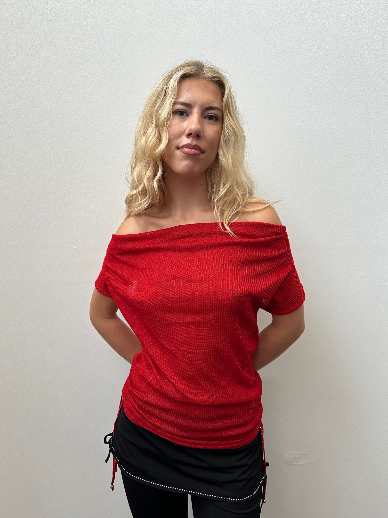 Red Off The Shoulder Longline Top - Size M