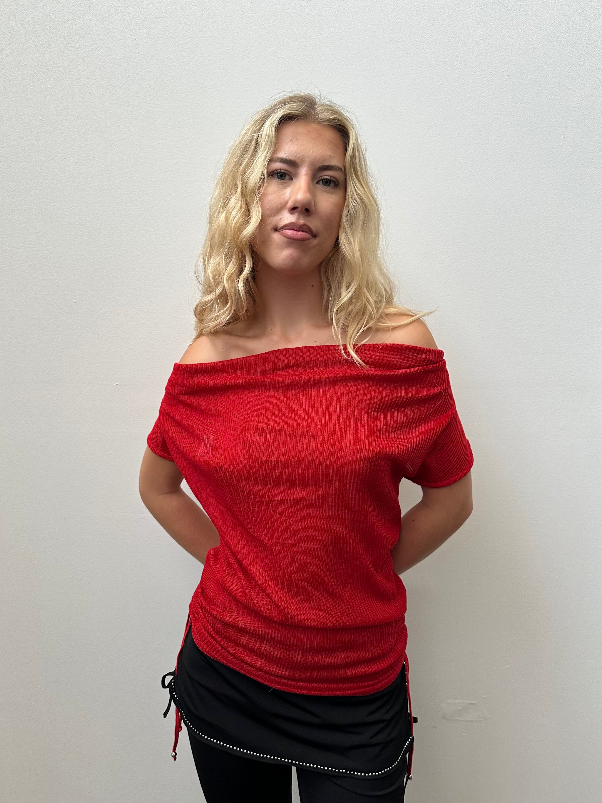 Red Off The Shoulder Longline Top - Size M