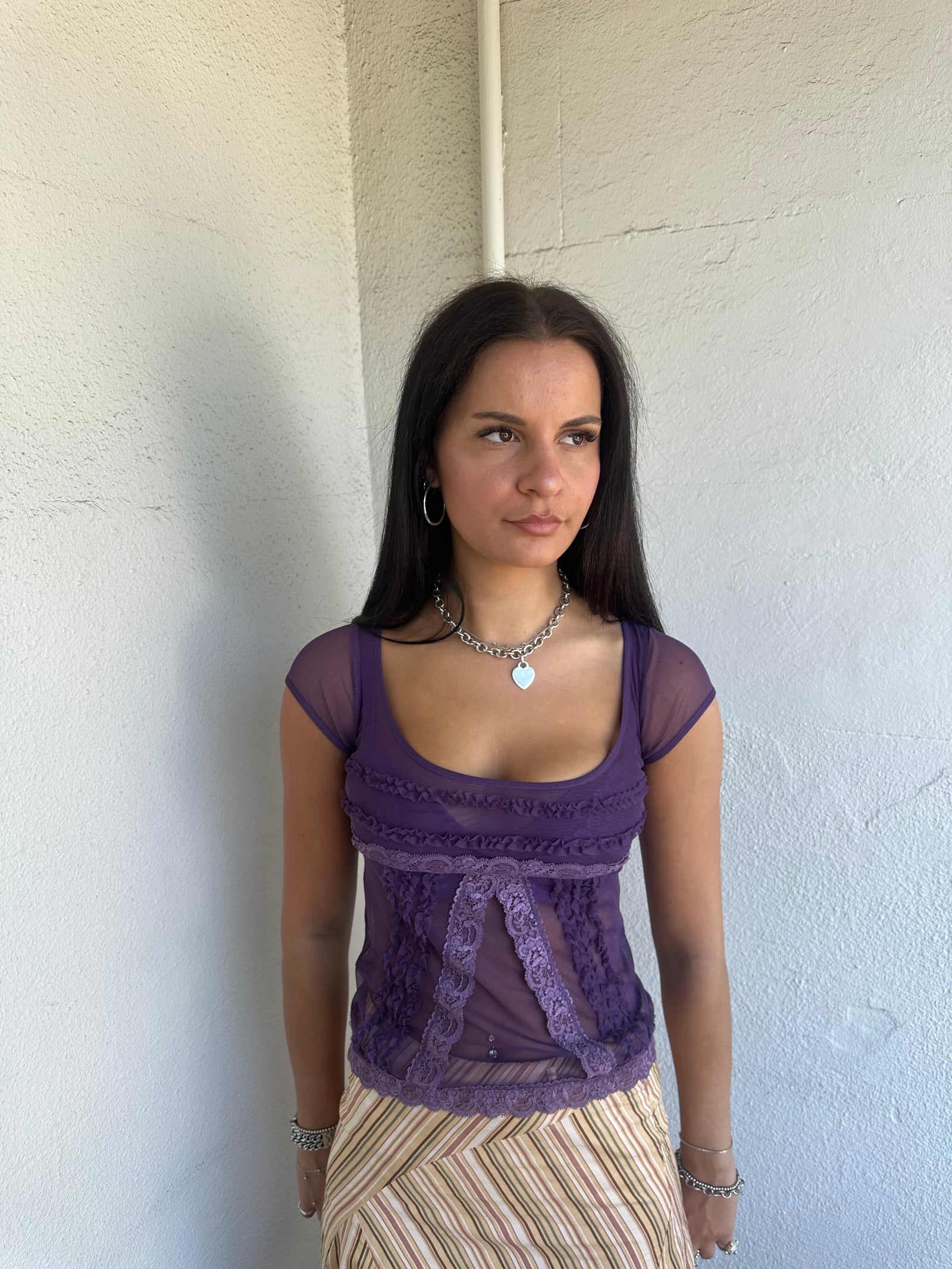 Purple Lace Trimmed Mesh T-Shirt - Size S