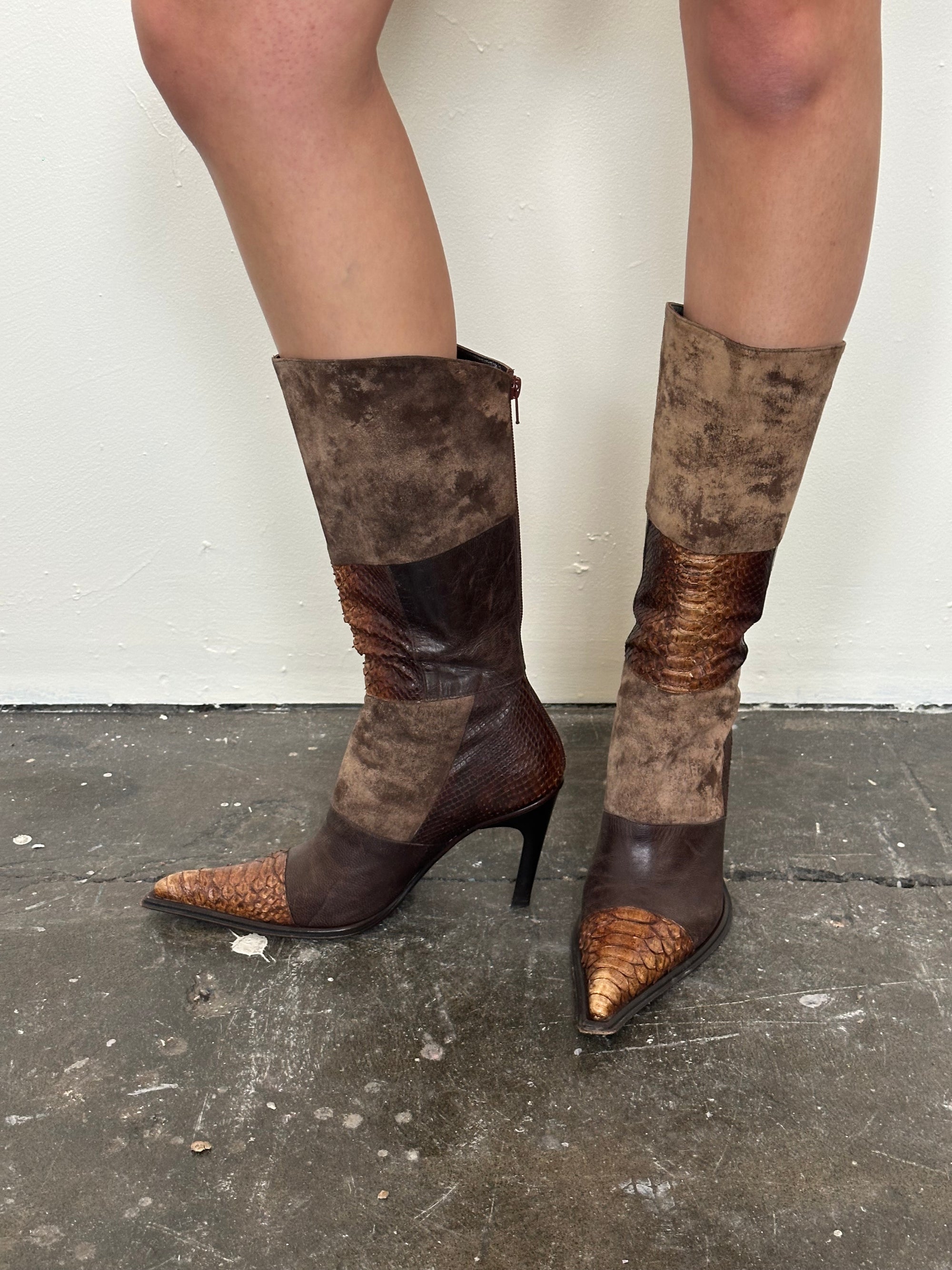 Brown Patchwork Leather Stiletto Heeled Boots - Size EU 38.5