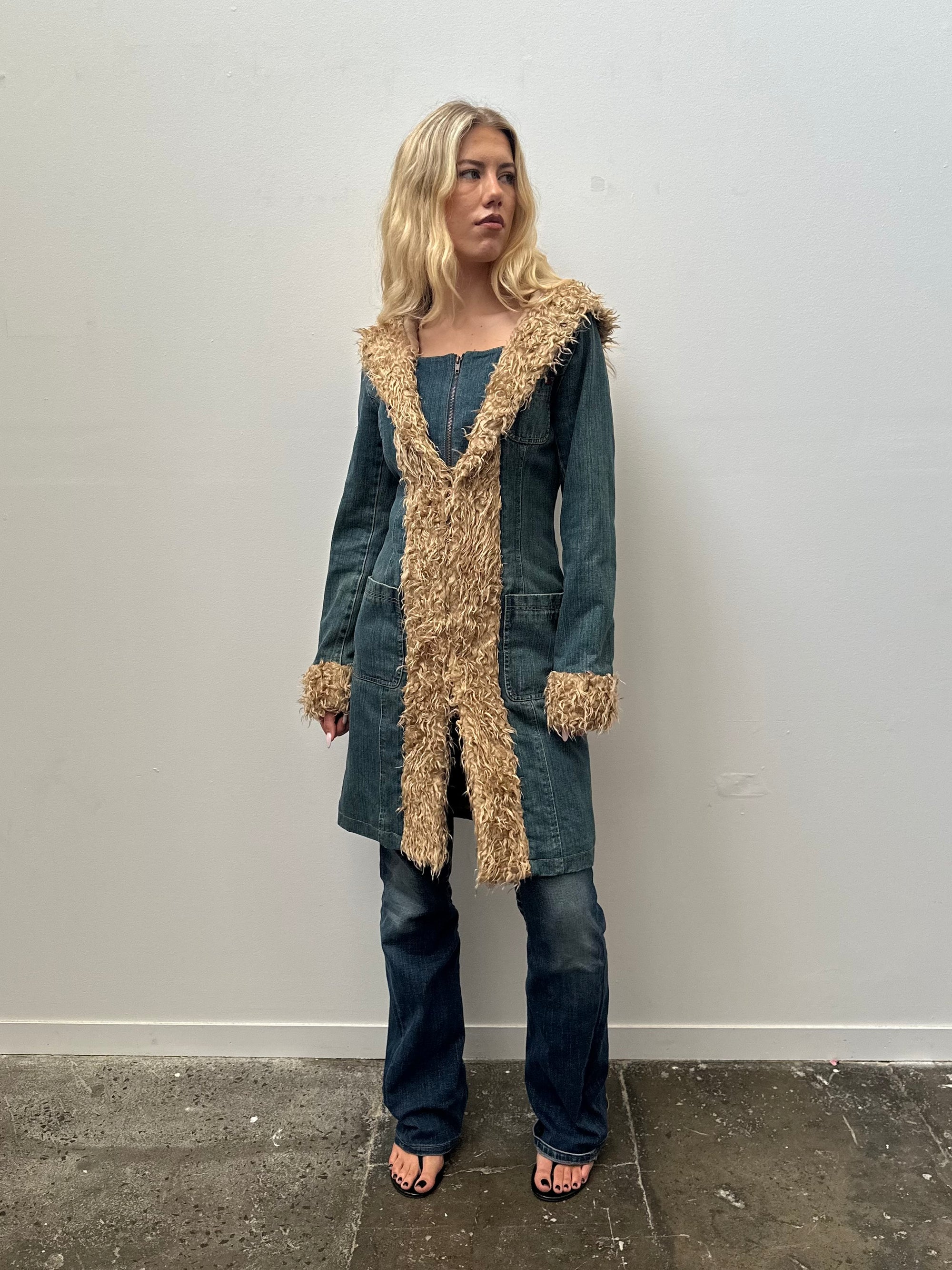 Denim Faux Fur Trimmed Hooded Jacket - Size S