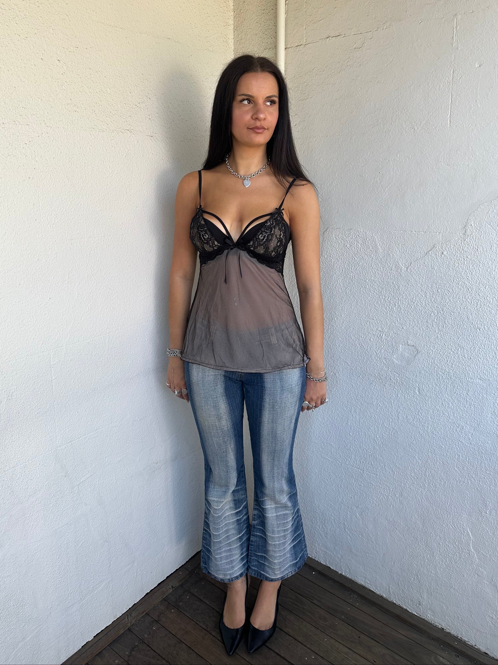 Black Cut Out Lace Bust Cami - Size S