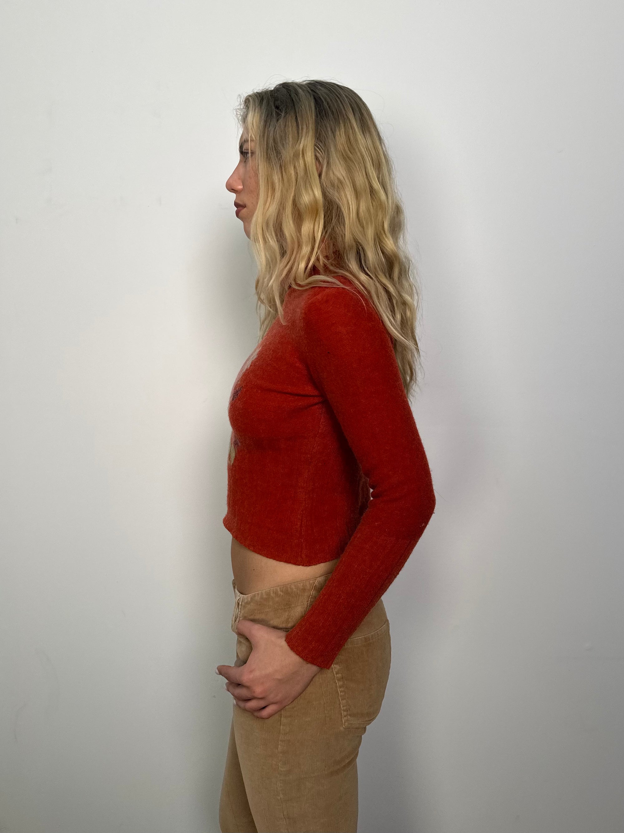 Rust Flower Design Knitted Wool Turtleneck - Size XS