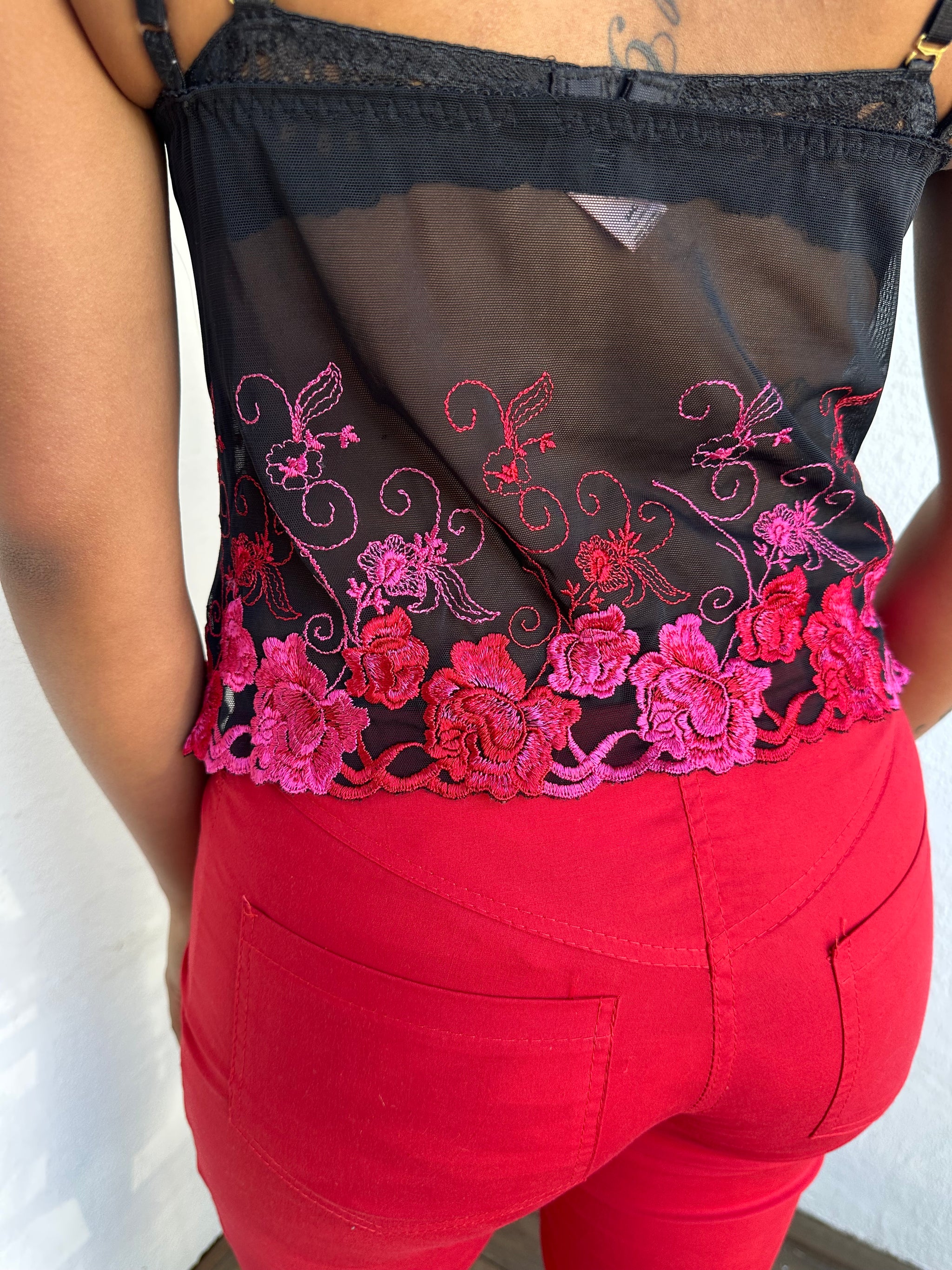 Red & Pink Embroidered Mesh Cami - Size S