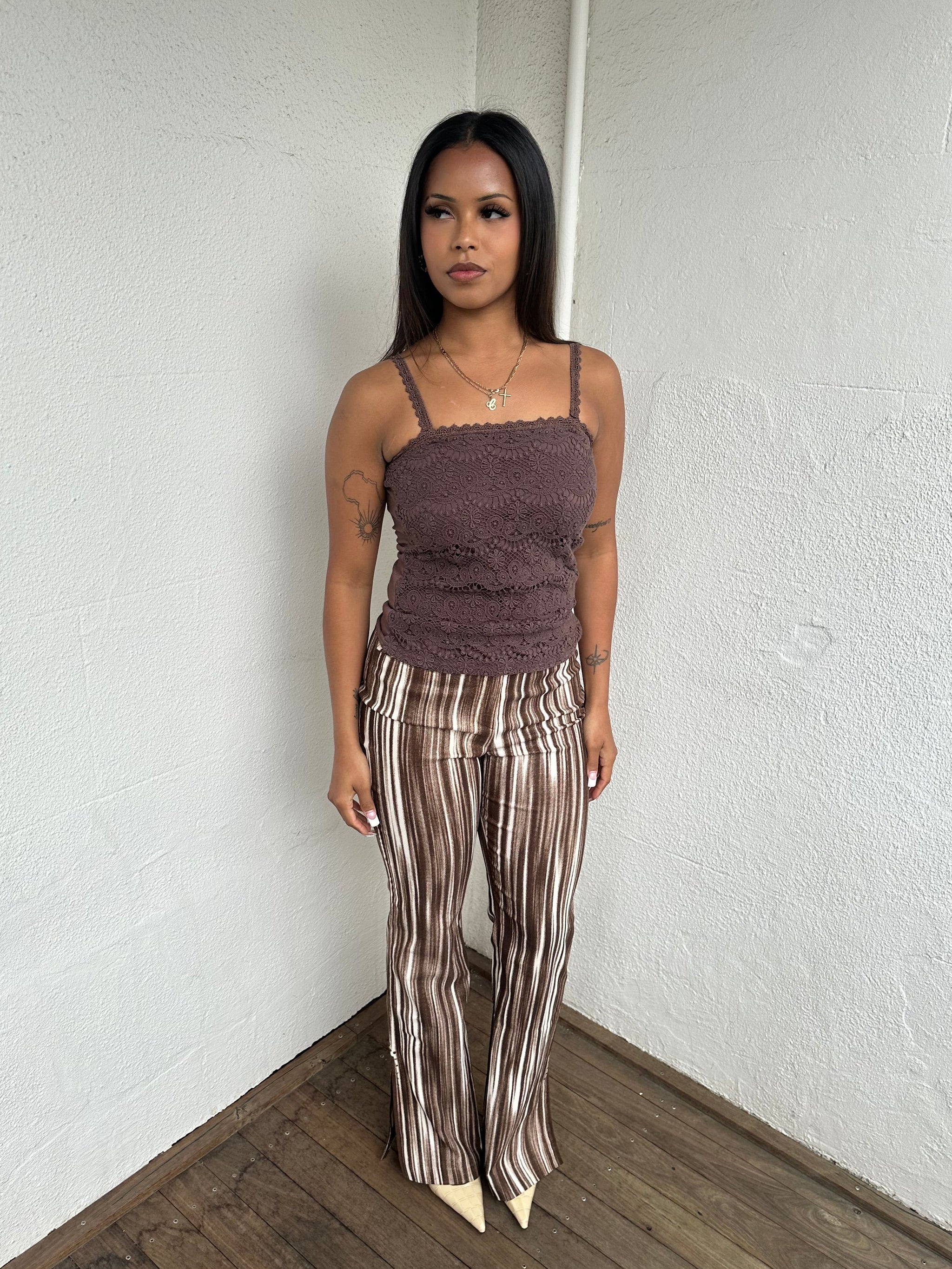 Brown & Cream Stripe Flared Pants