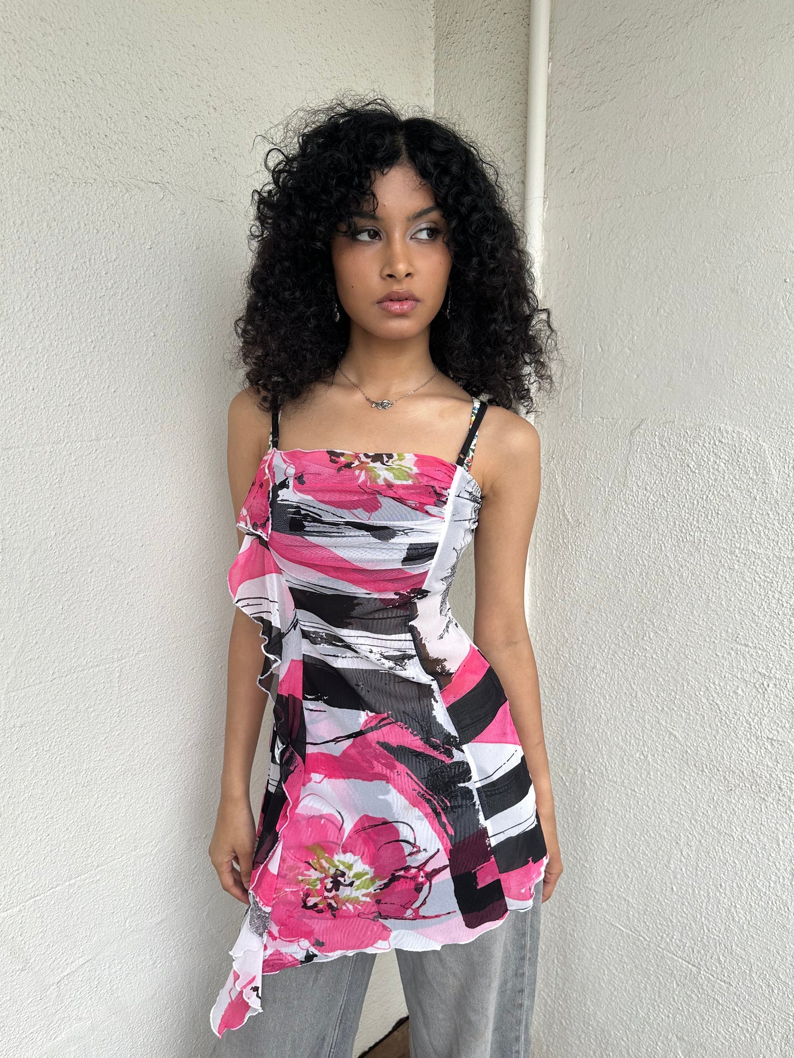 Pink Graphic Floral Mesh Mini Dress - Size XS