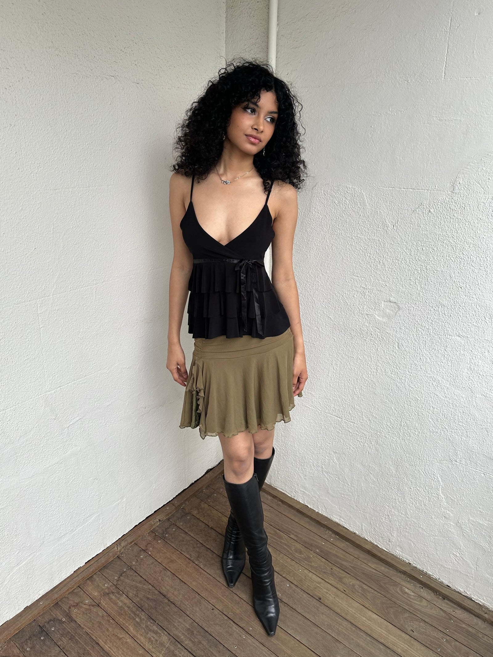 Black Y2K Ruffle Layered Cami - Size S