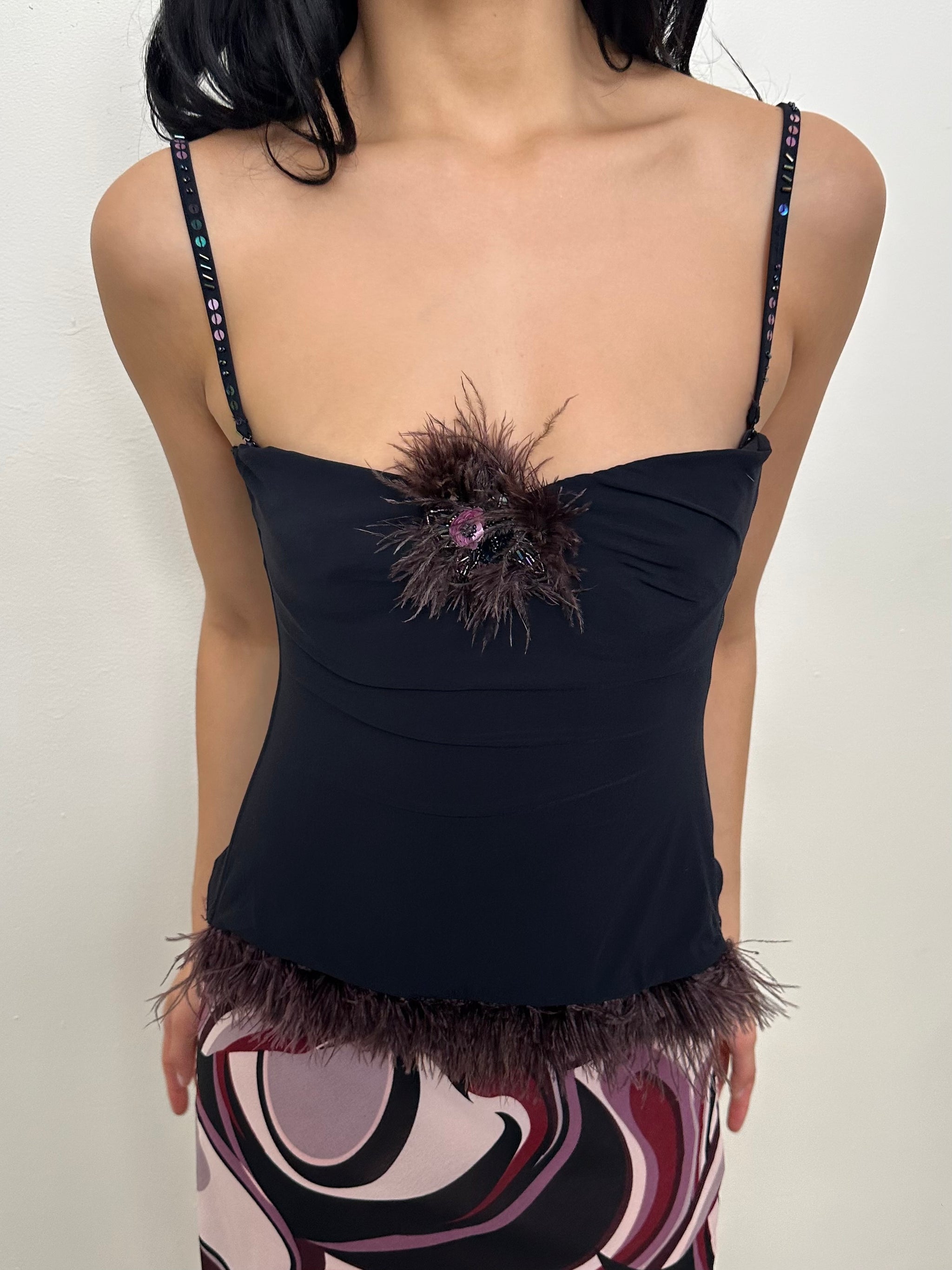 Feather Trimmed Black Corset - Size S