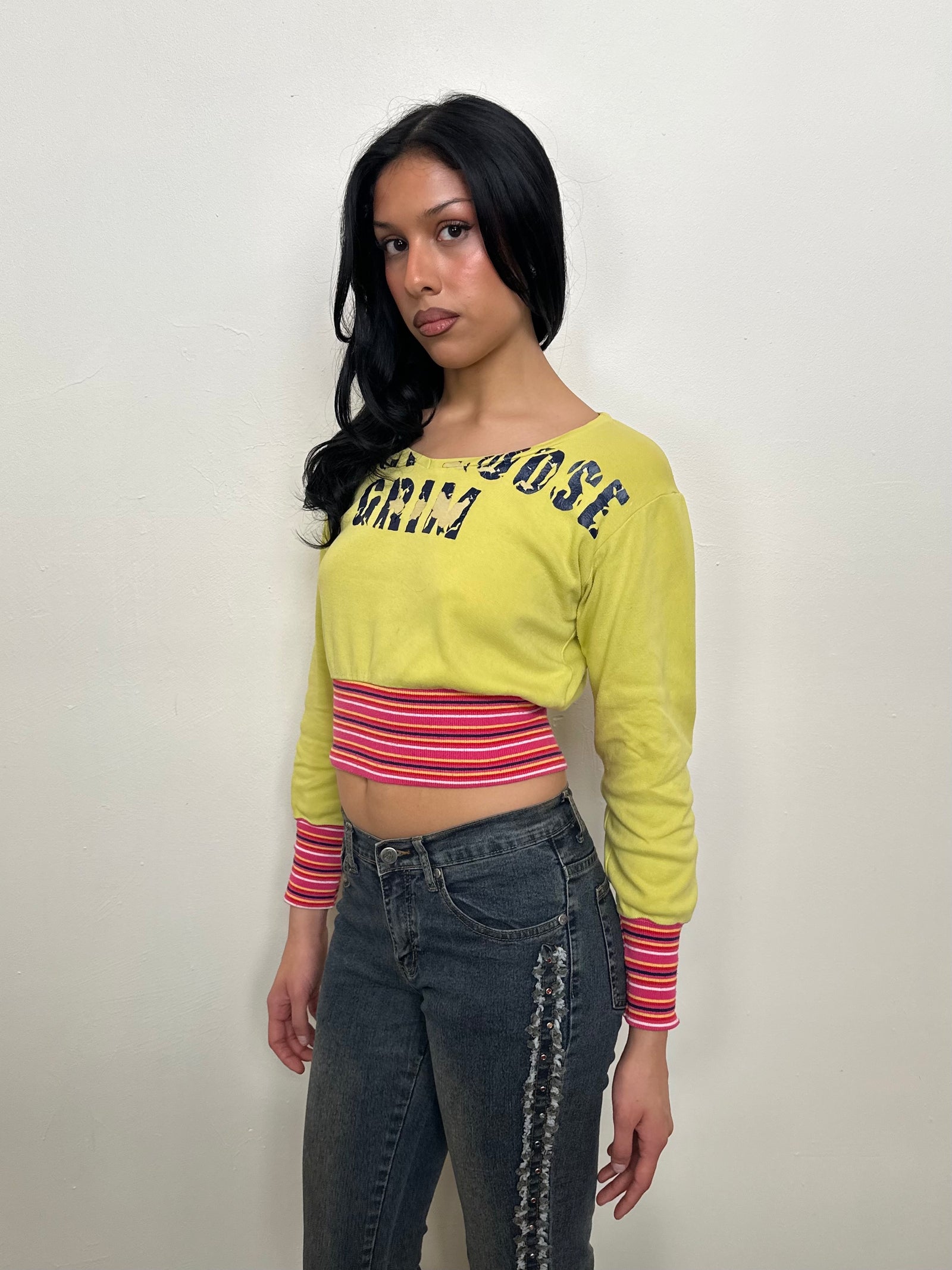 Yellow Distressed Graphic Cropped Long Sleeve - Size S