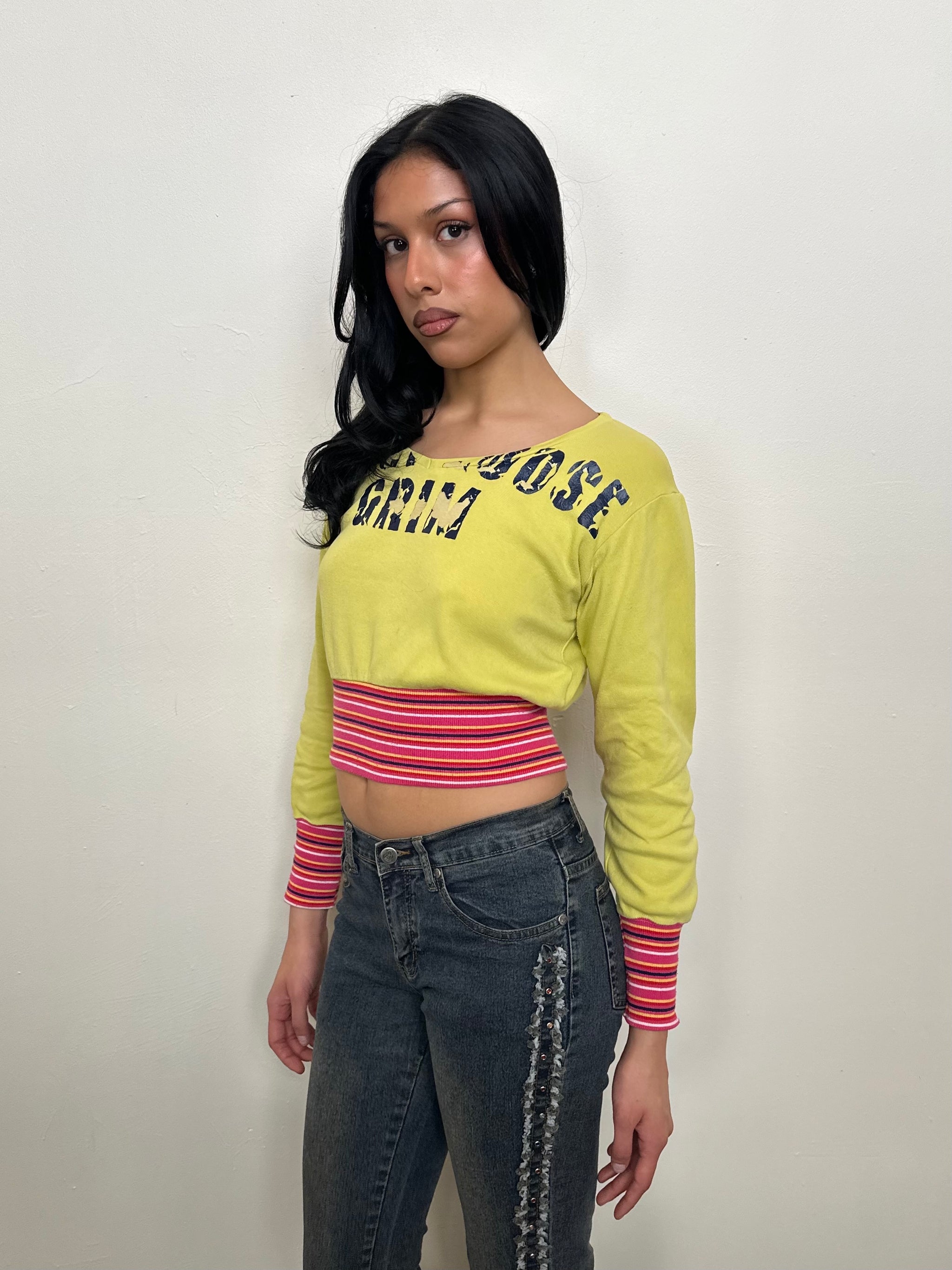 Yellow Distressed Graphic Cropped Long Sleeve - Size S