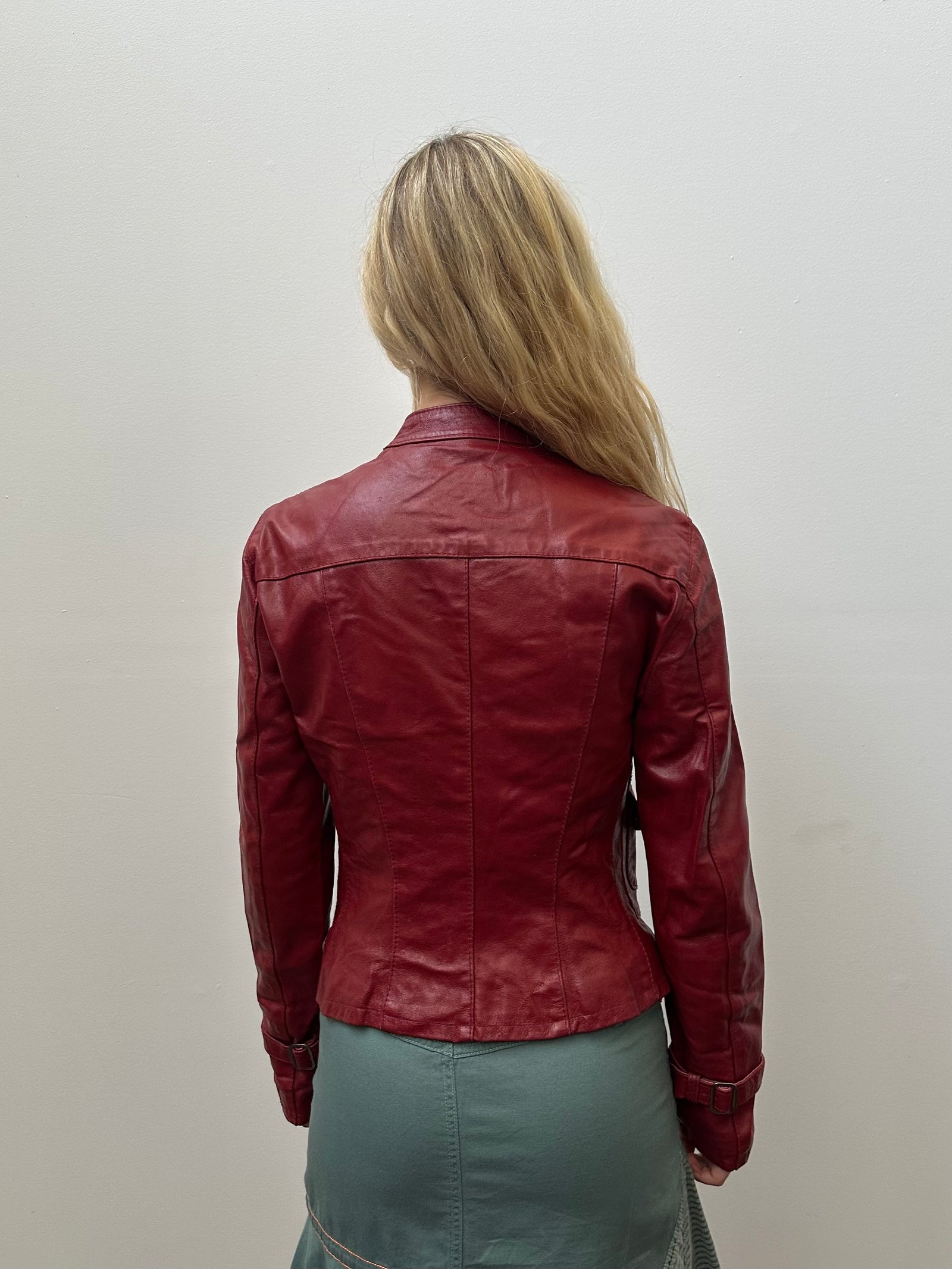 Red Leather Biker Style Jacket - Size M