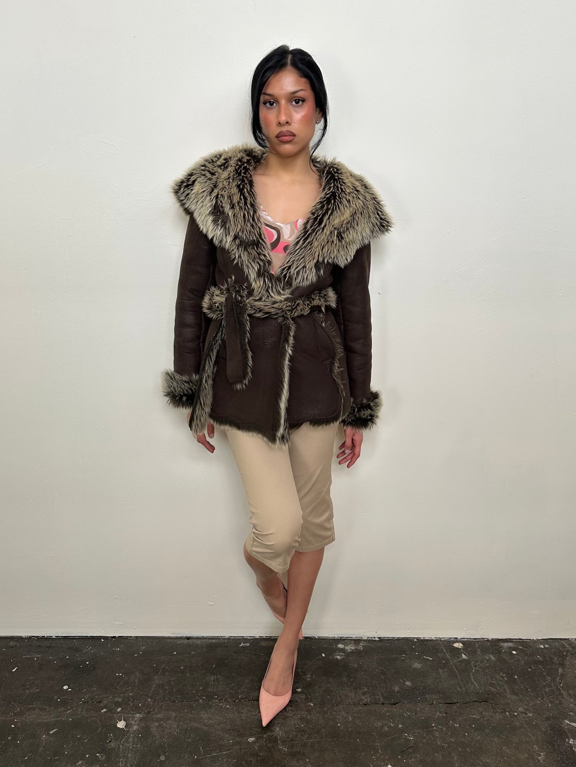 Brown Faux Fur Hooded Jacket - Size M