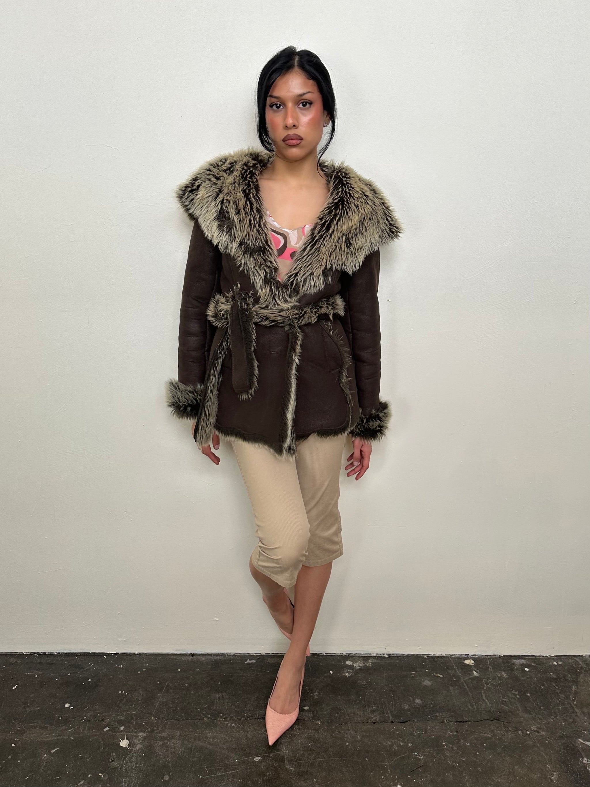 Brown Faux Fur Hooded Jacket - Size M