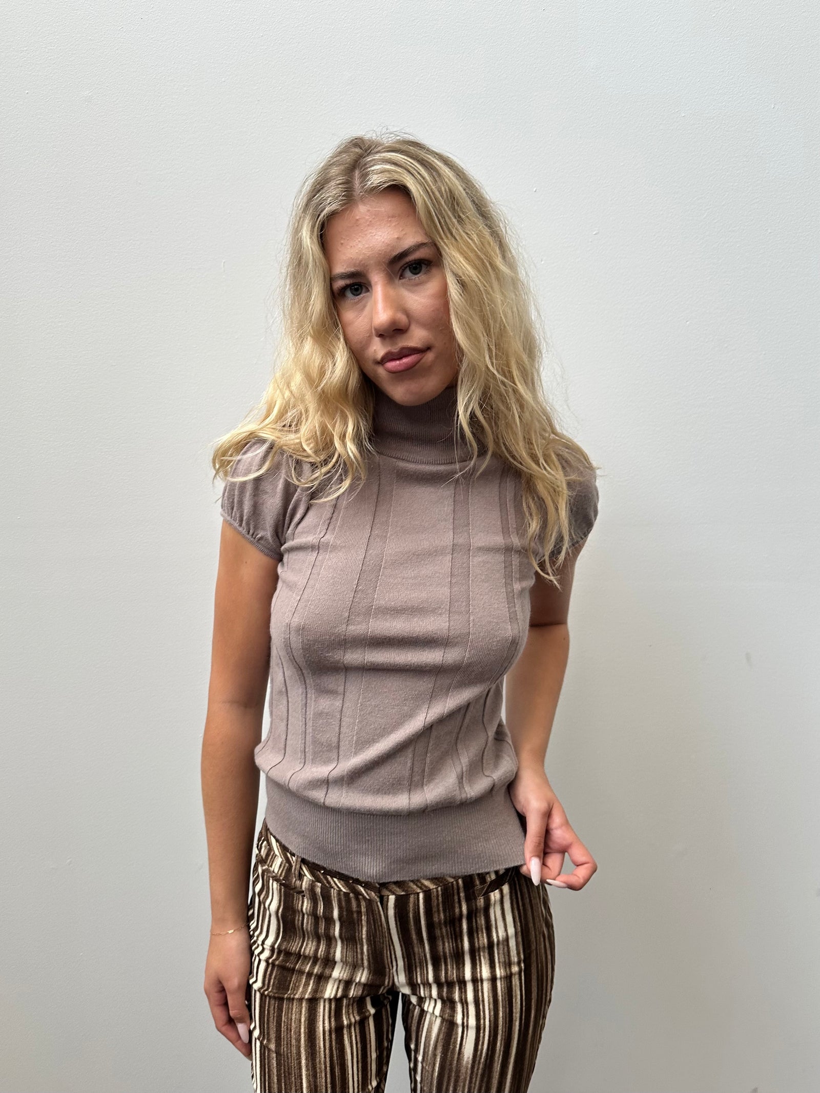 Light Brown Button Turtleneck Knitted Top - Size XS