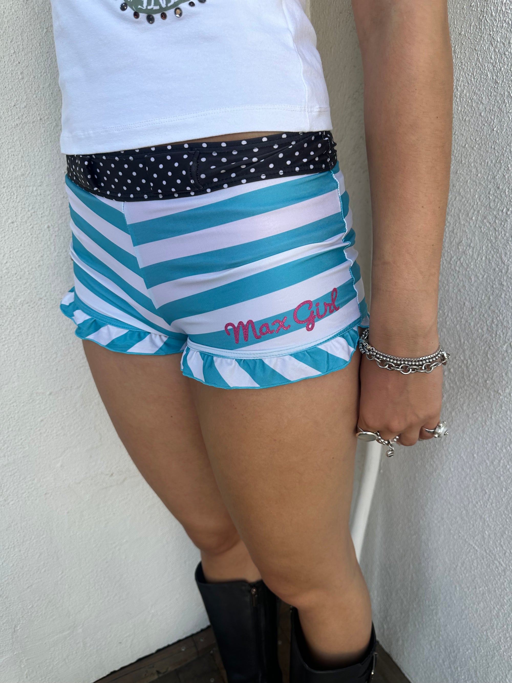 Blue & White Stripe Frill Booty Shorts - Size S