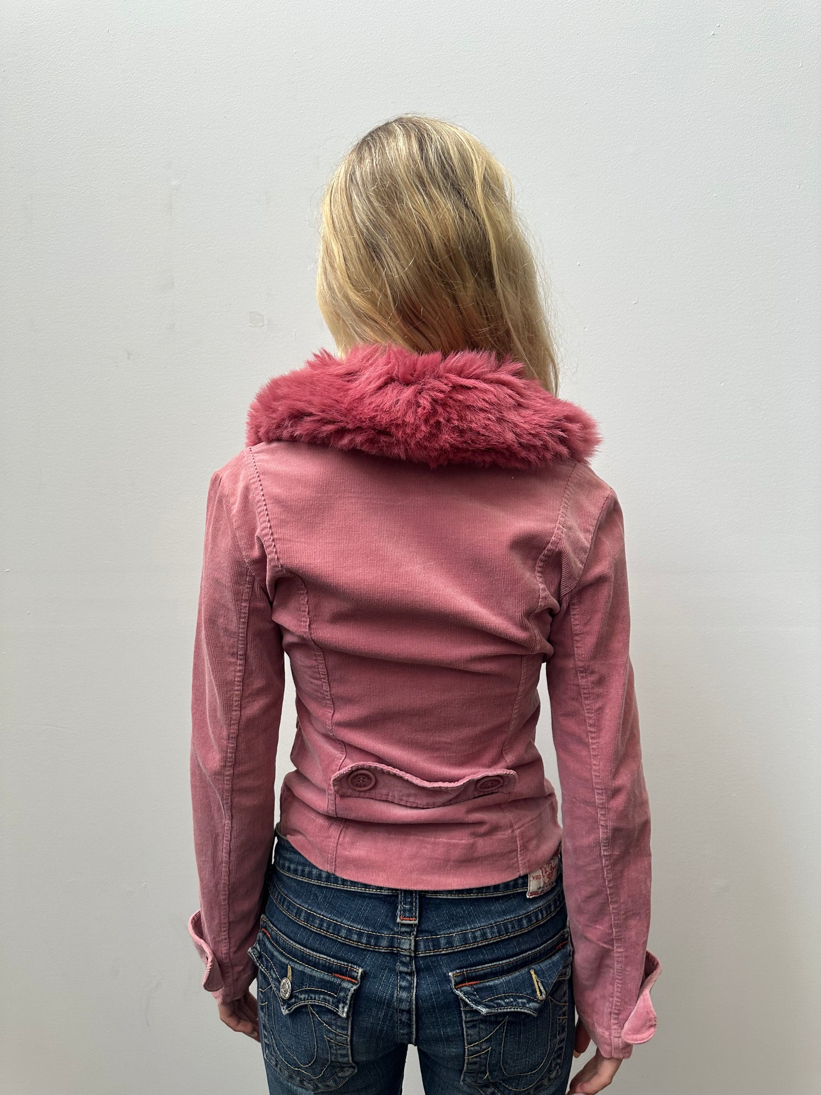 Pink Faux Fur Corduroy Jacket - Size S
