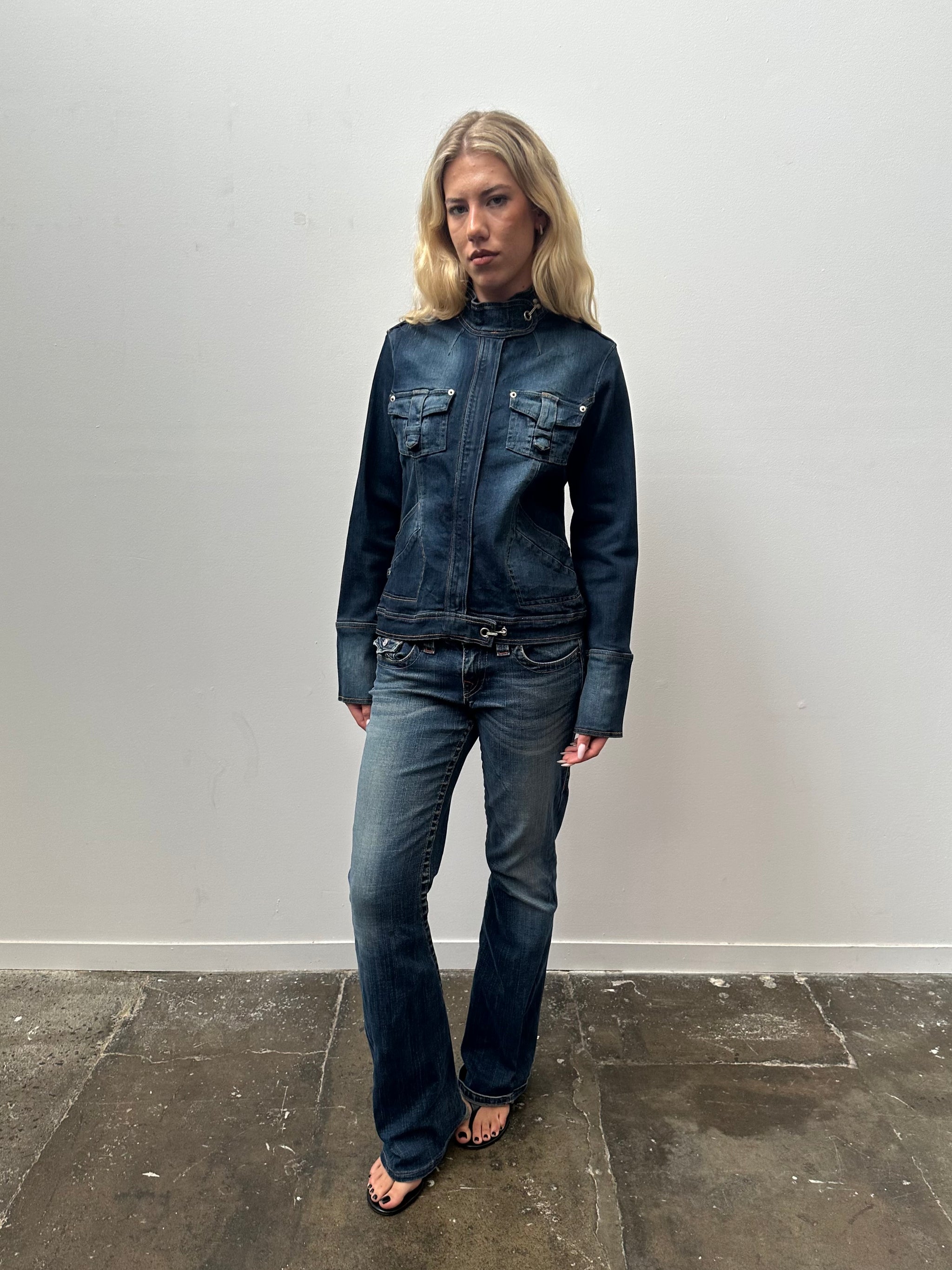 Dark Denim Hook & Eye Biker Jacket - Size M