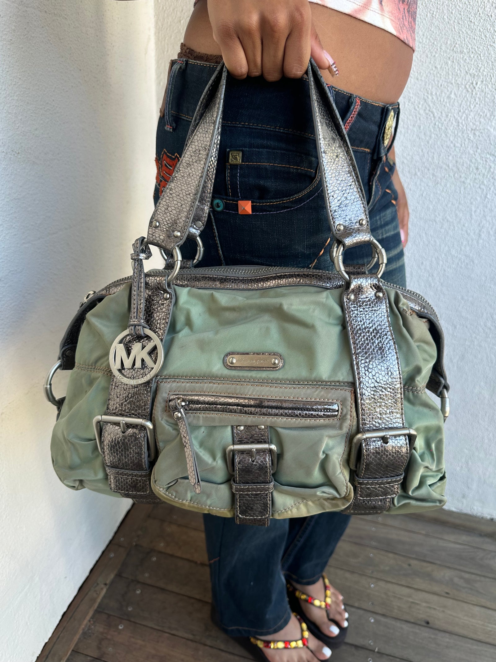 00s Michael Kors Green Metallic Nylon Handbag