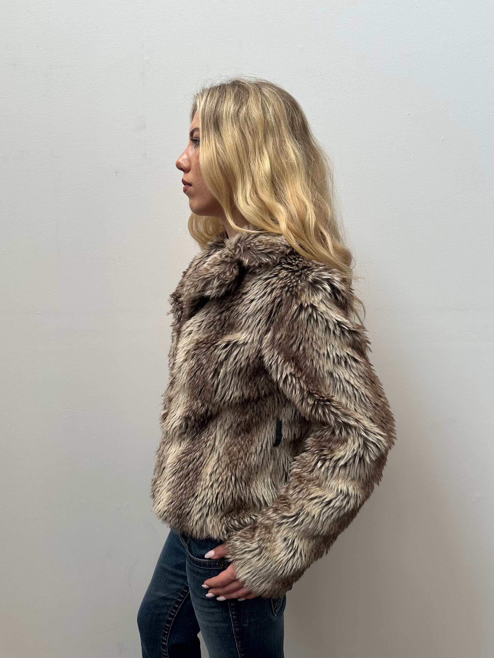 Tipped Brown & Grey Faux Fur Jacket - Size M