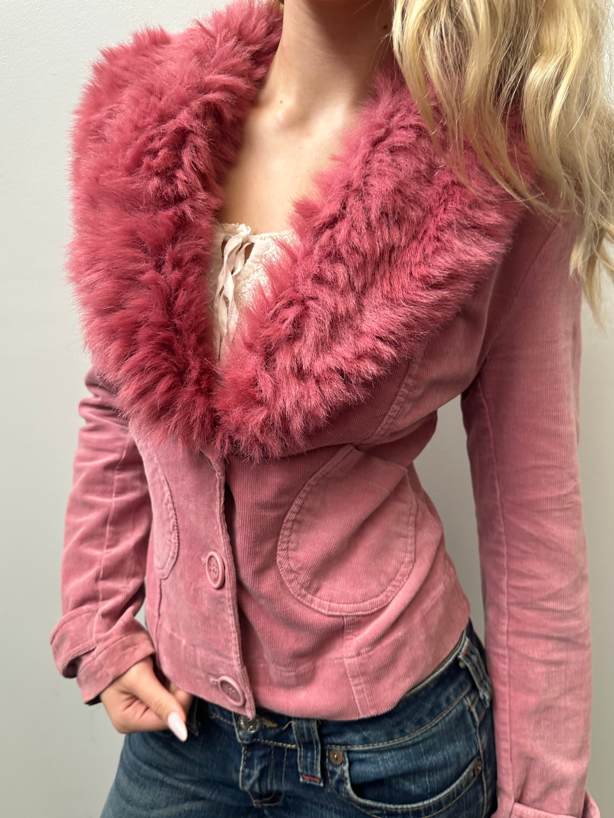 Pink Faux Fur Corduroy Jacket - Size S