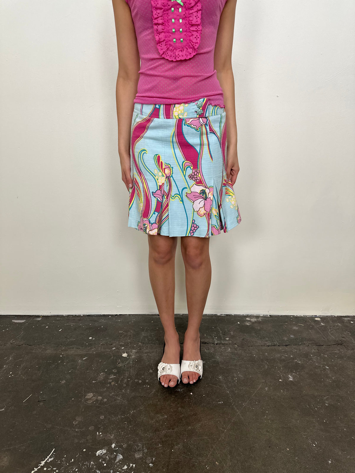 Aqua & Pink Swirl Pattern Midi Skirt - Size S