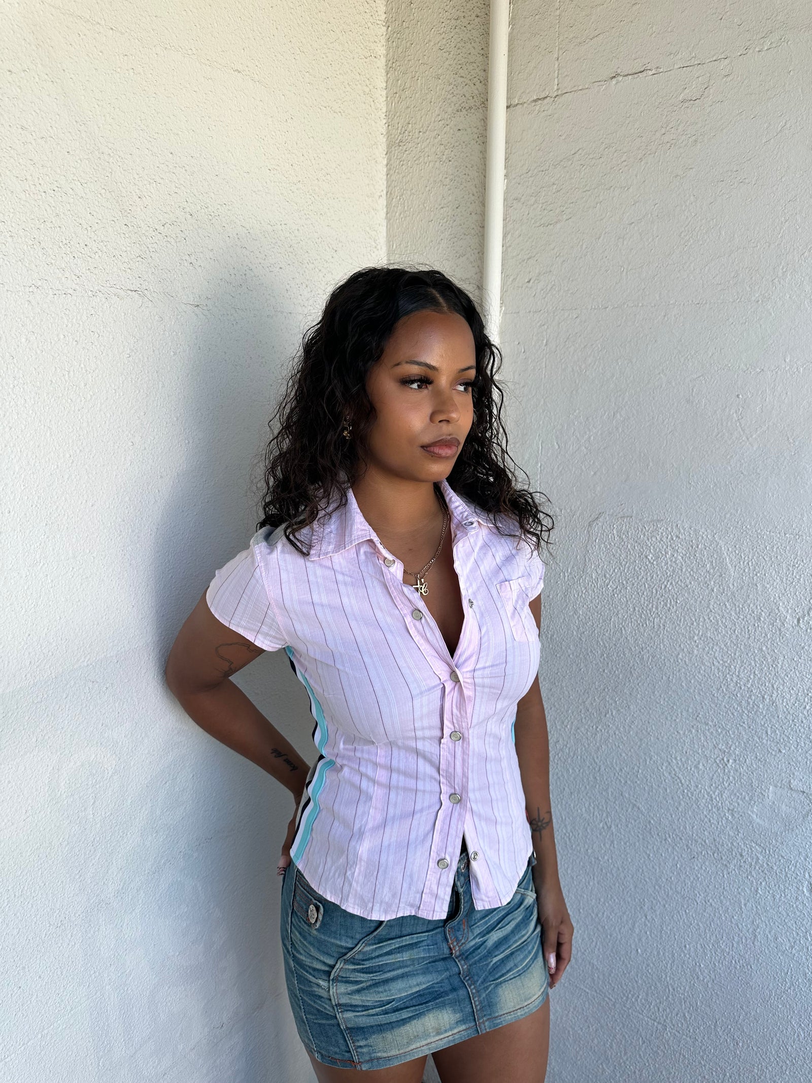 Printed Back Y2K Baby Pink Stripe Shirt - Size S