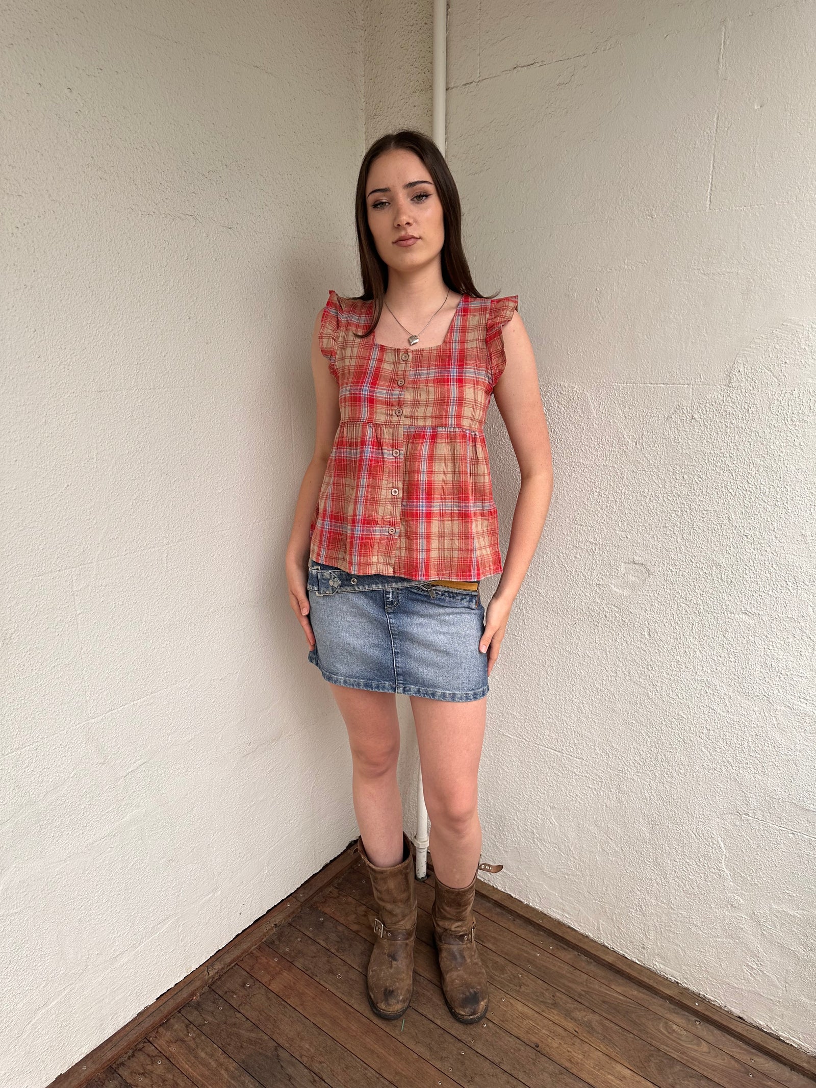 Red Button-Up Tartan Tunic