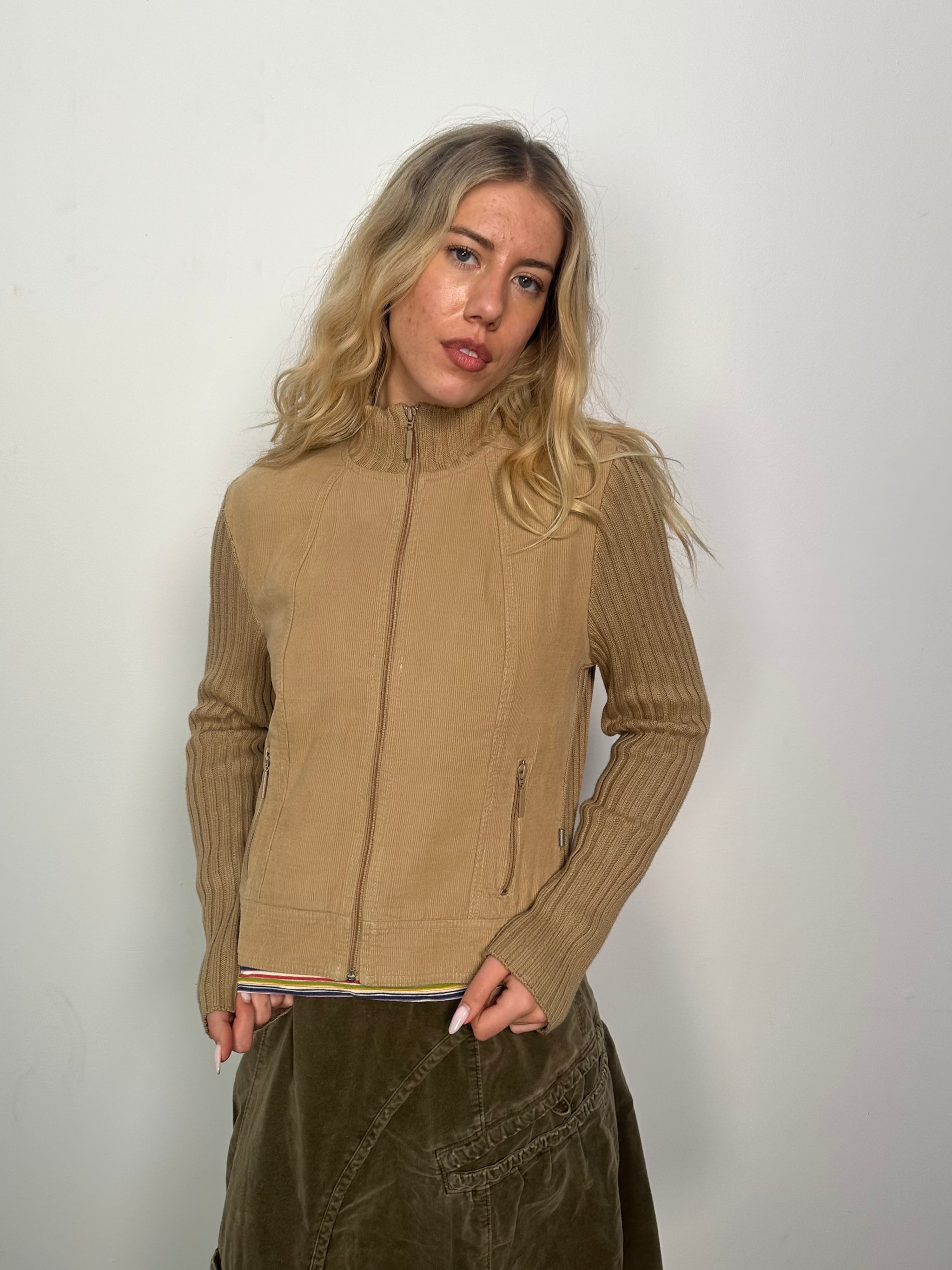 Tan Corduroy Ribbed Knitted Zip Up - Size L