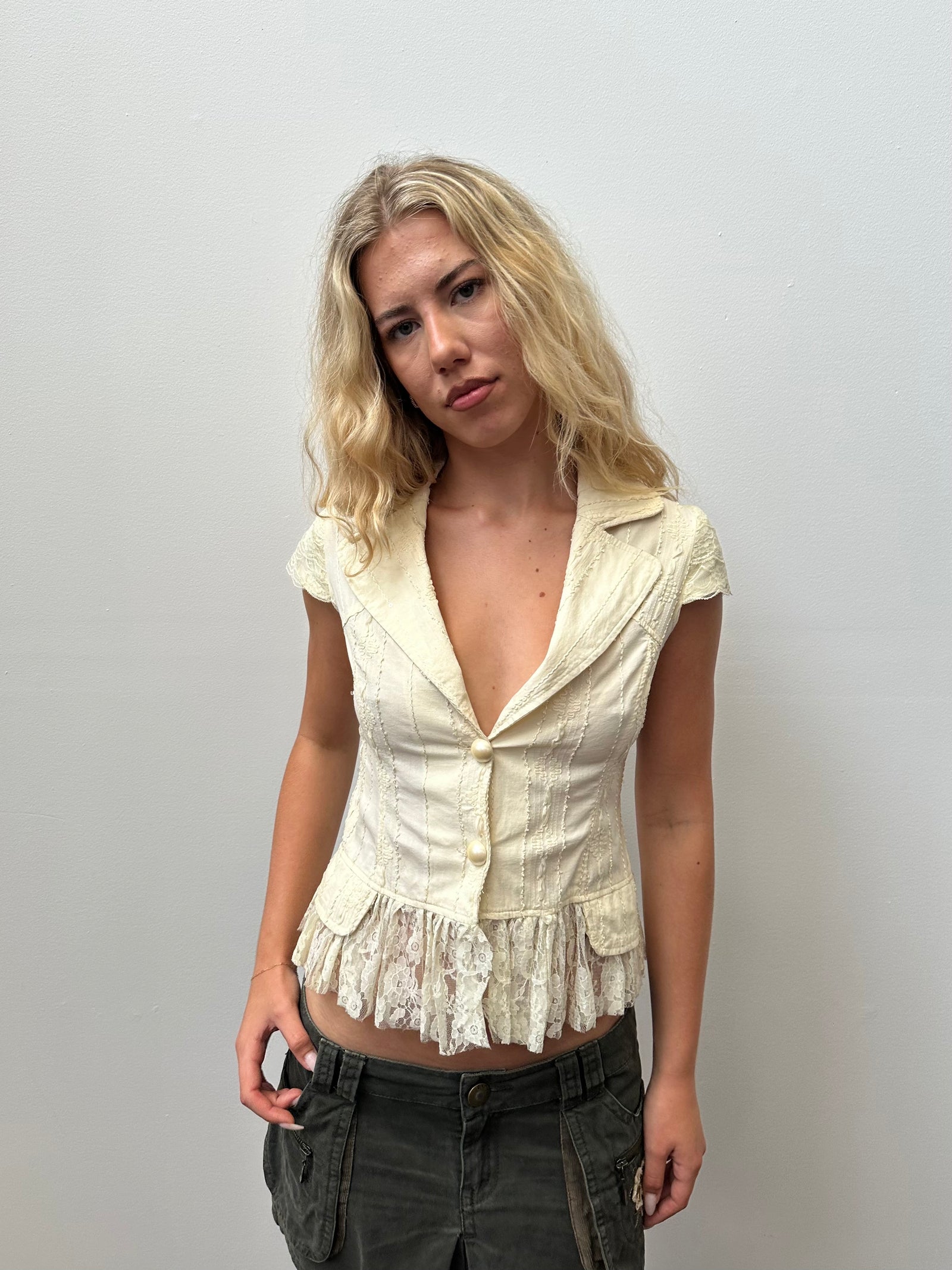 Cream Vneck Lace Peplum Shirt - Size S