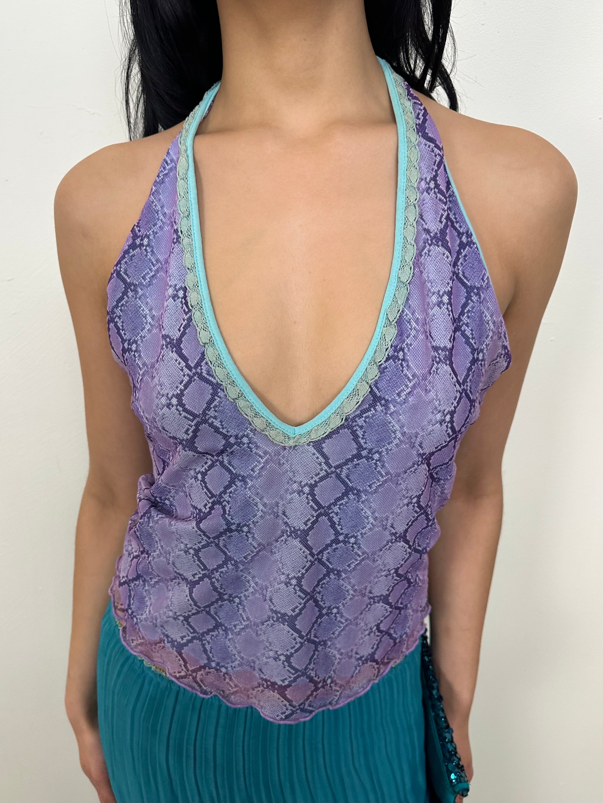 Lilac & Turquoise Snake Print Mesh Halter Top - Size M