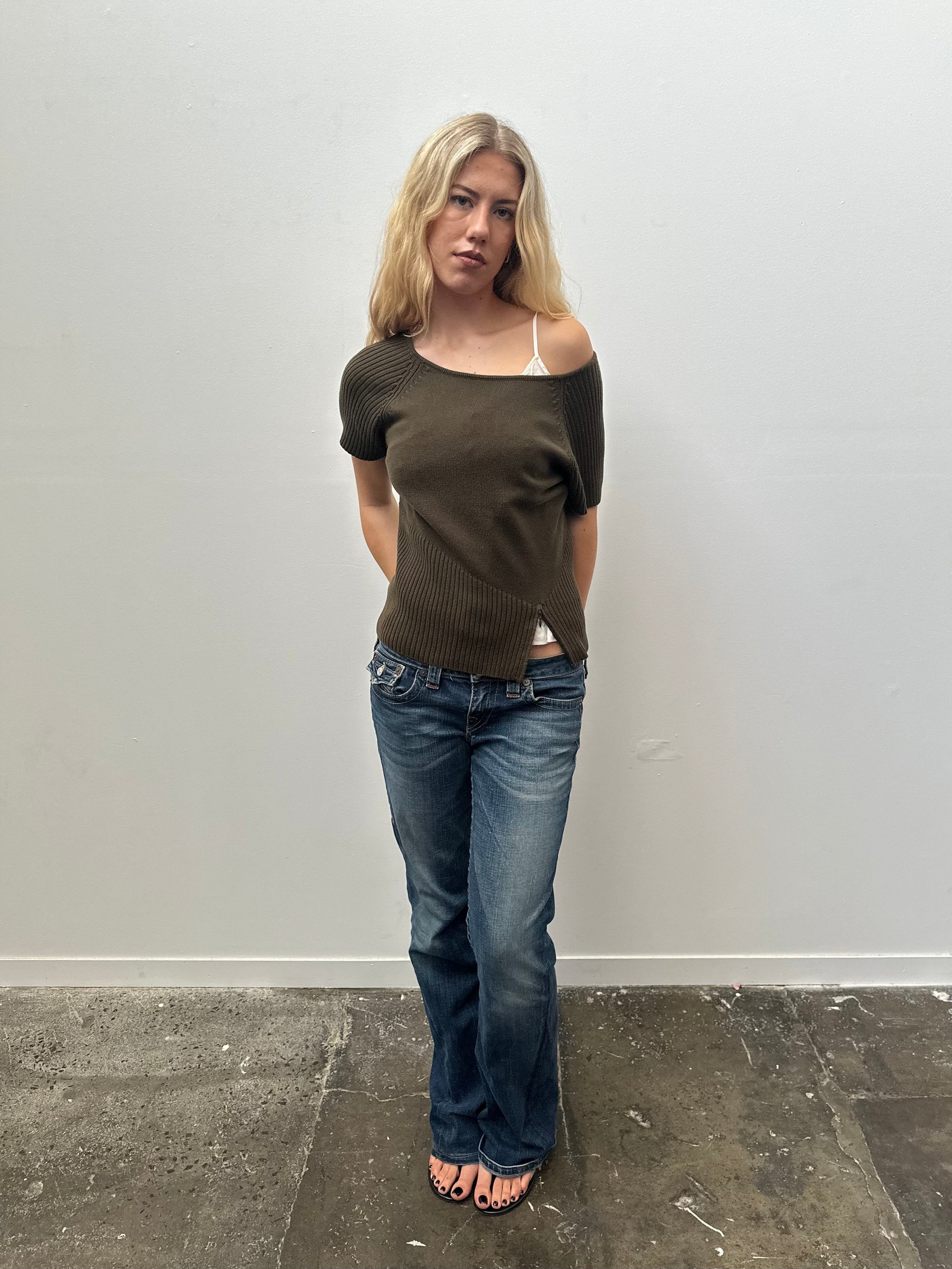 Khaki Knitted Wide Neck Top - Size L