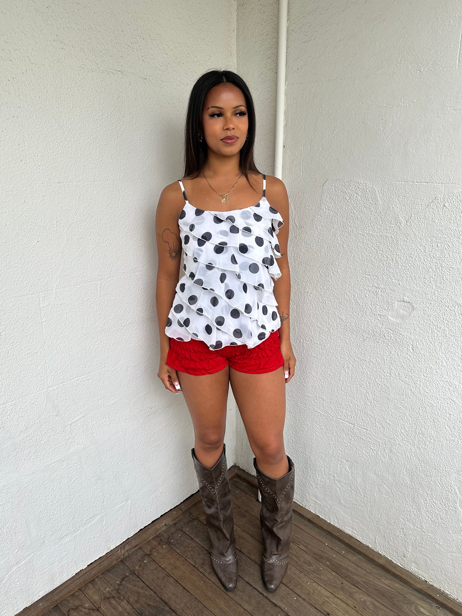 White & Black Polkadot Ruffle Top