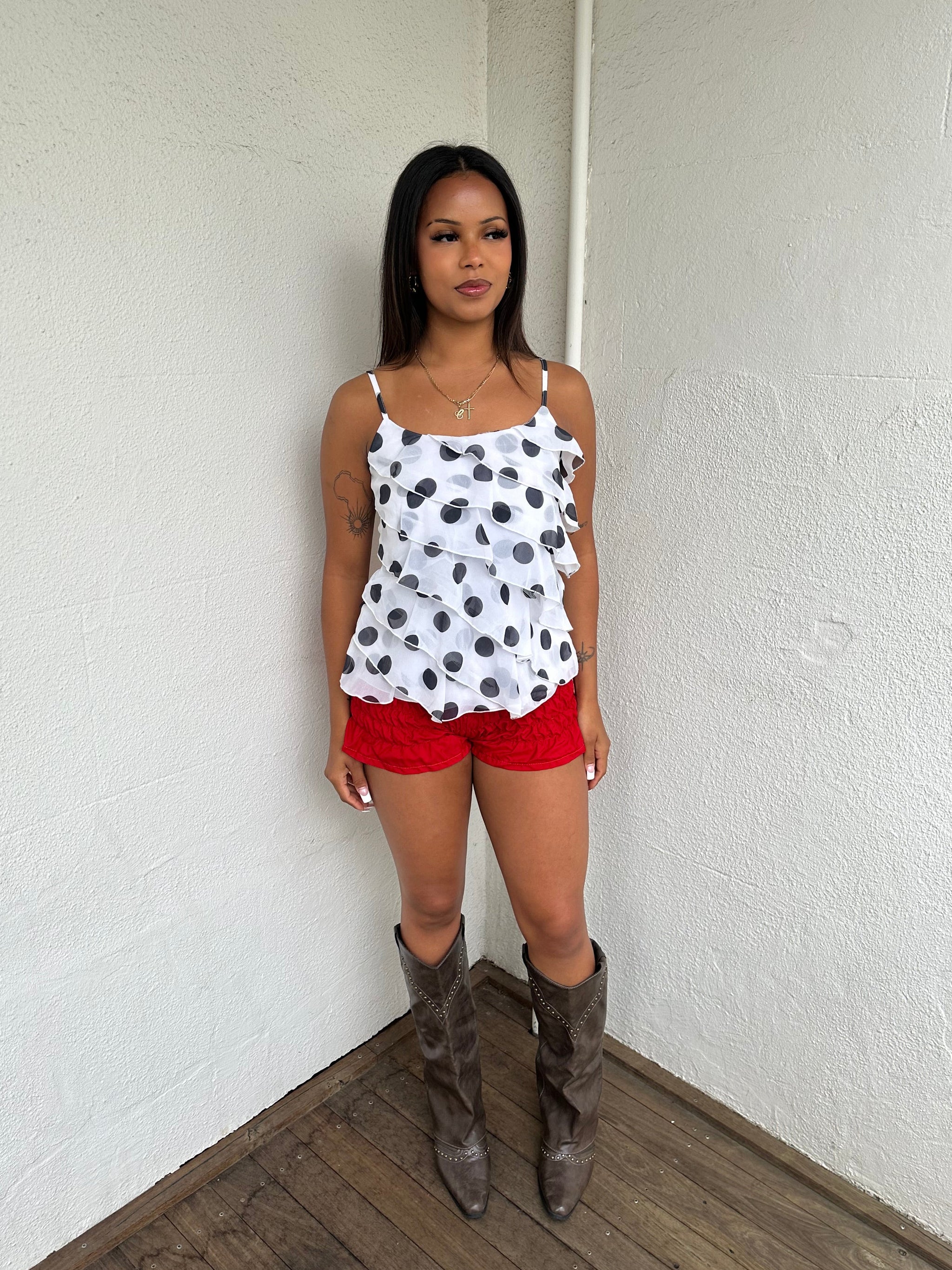 White & Black Polkadot Ruffle Top