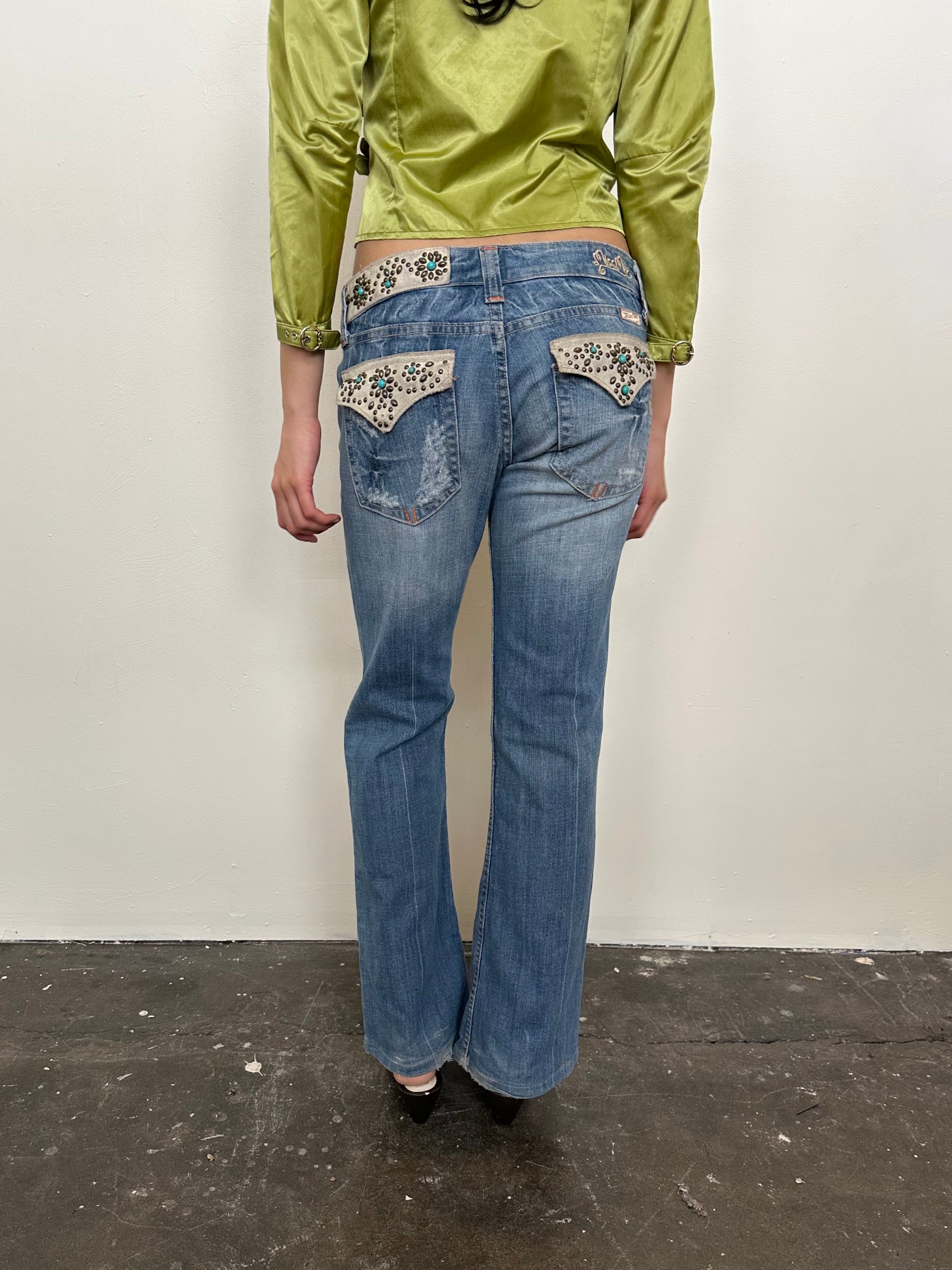 Miss Me Turquoise Studded Low-rise Bootcut Jeans - Size S