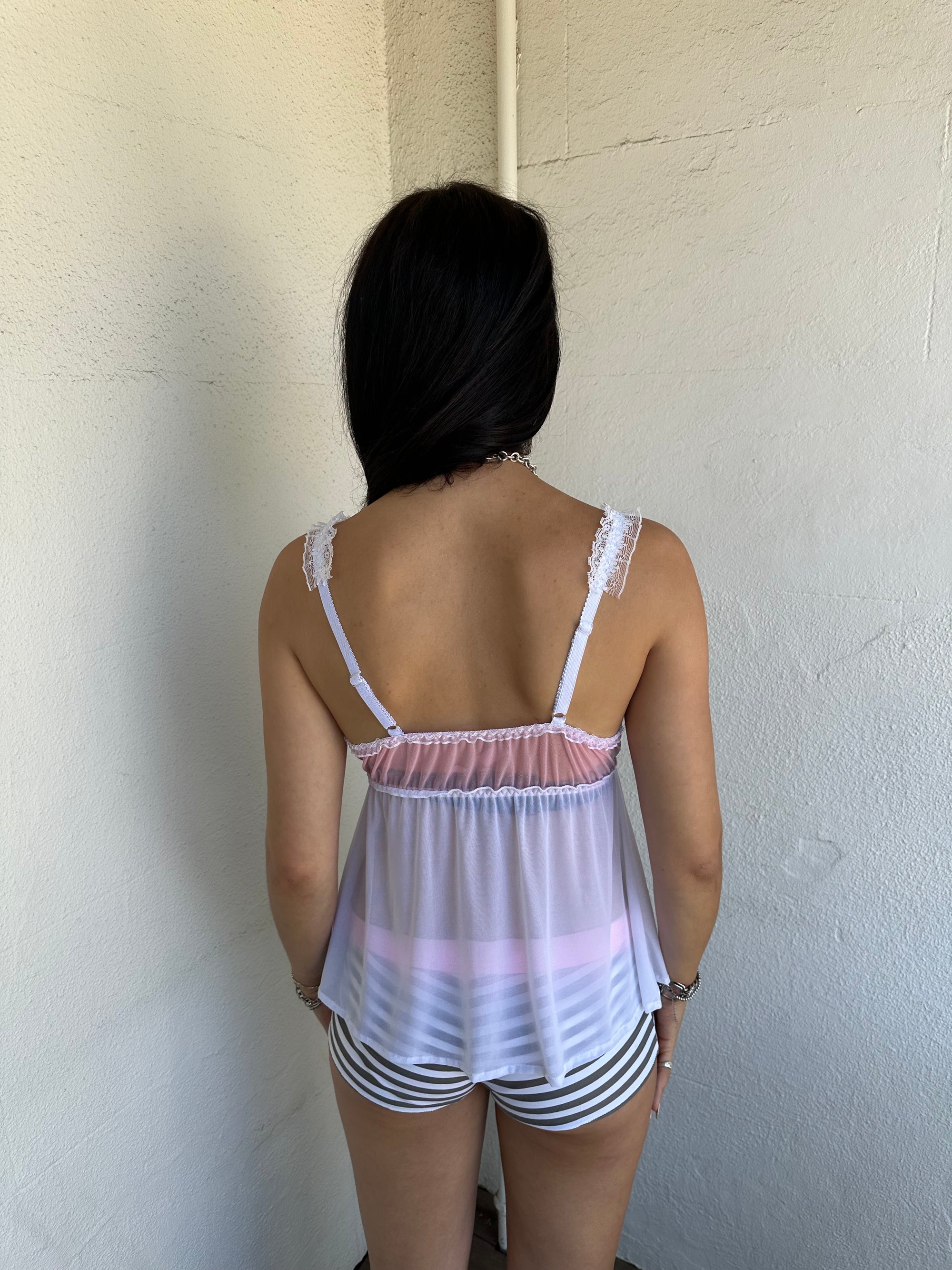 Pink Bow Detail White Mesh Cami - Size M