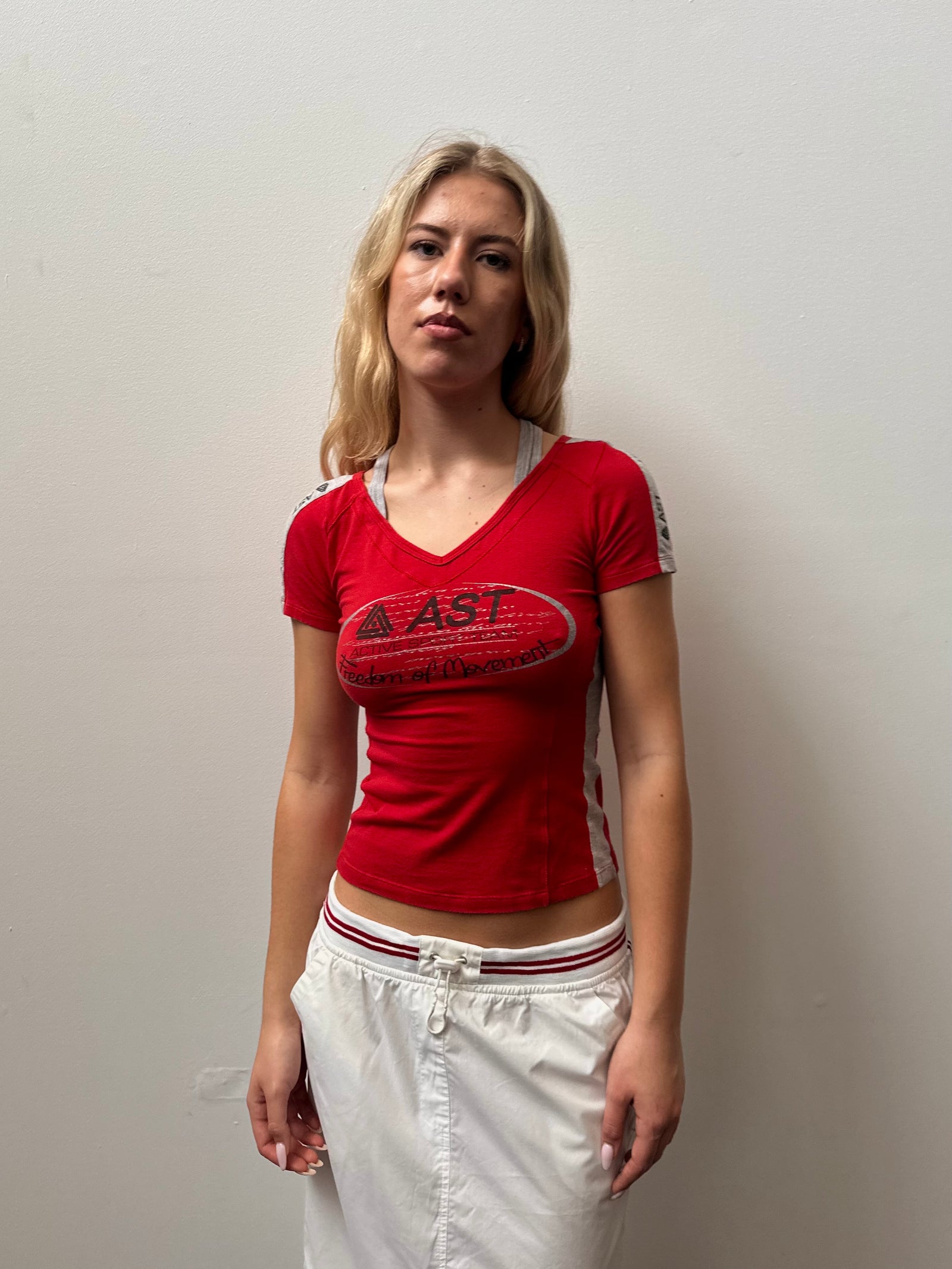 Sporty Red Layered Fitted T-Shirt - Size XS