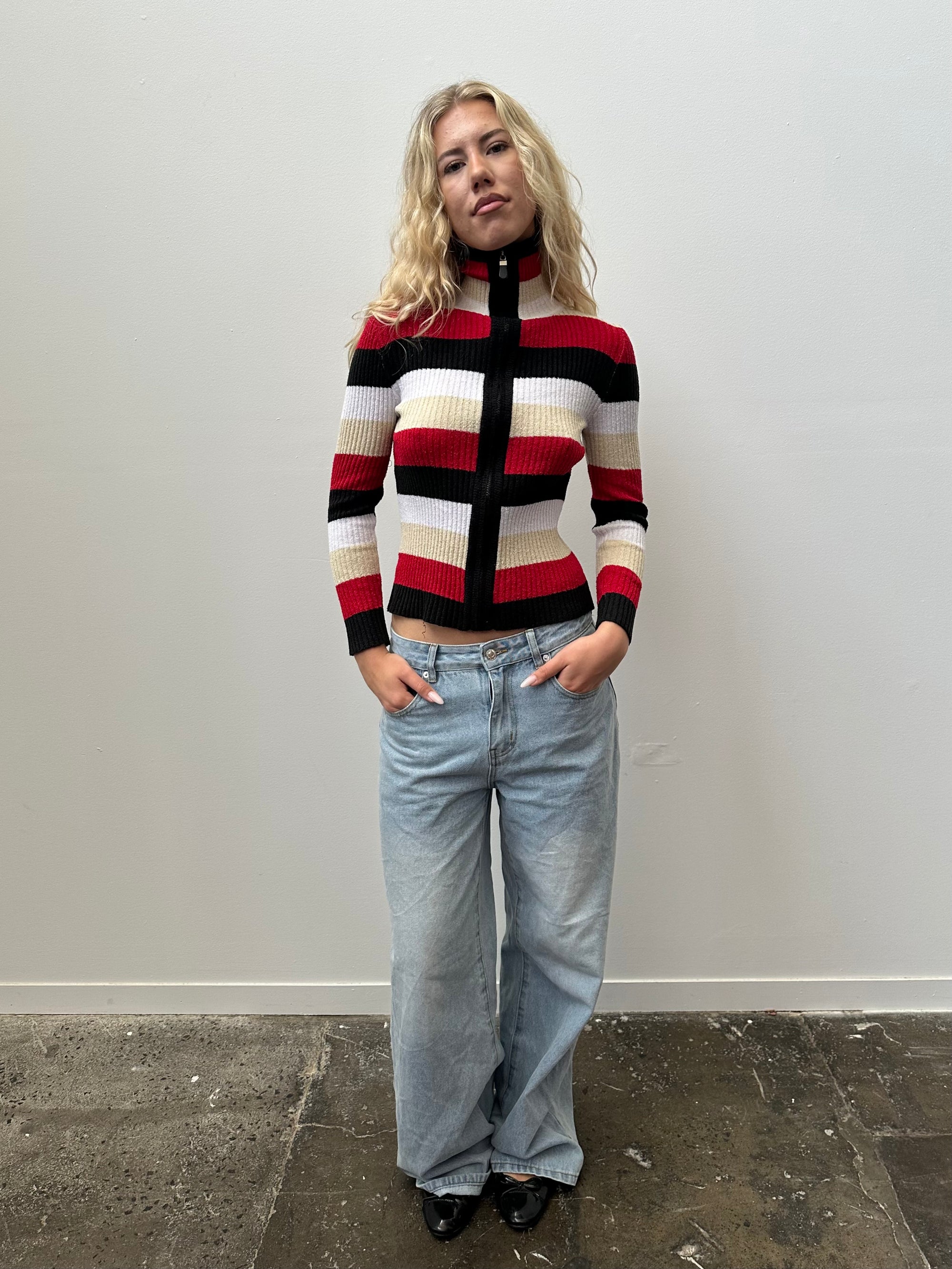 Multi Coloured Stripe Ribbed Zip Up - Size S/M