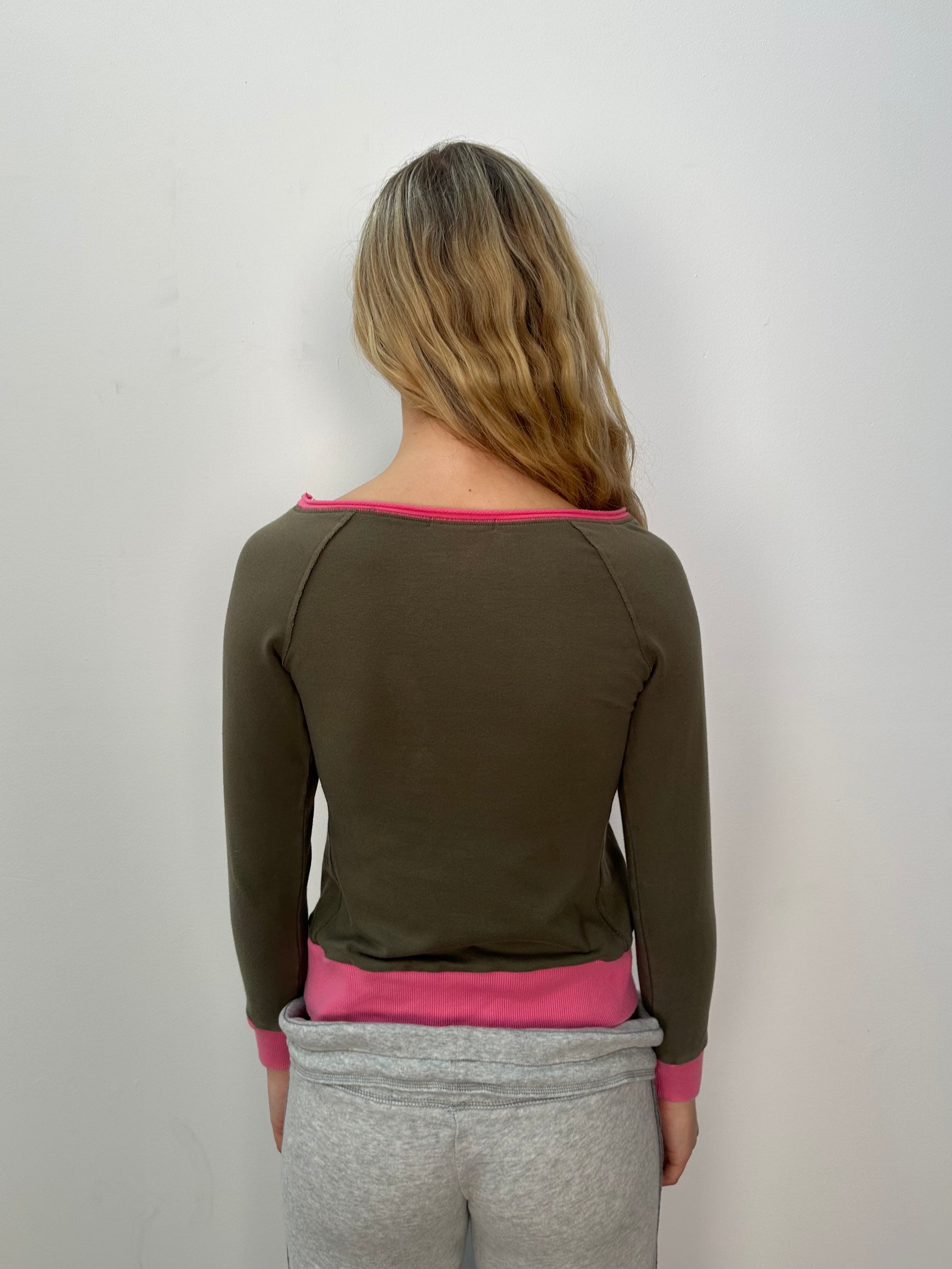 Khaki & Pink Wide neck Long Sleeve Top - Size M