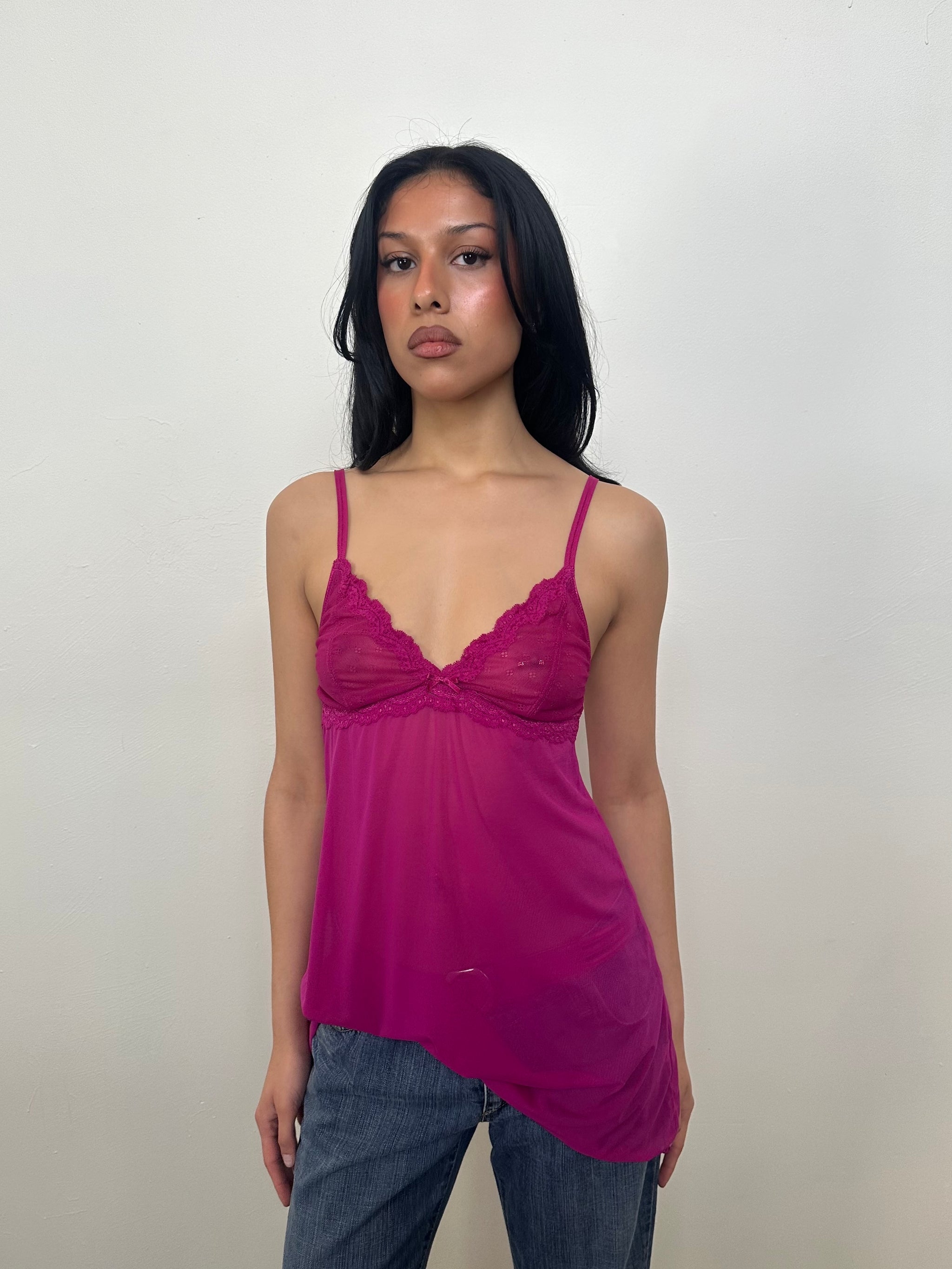 Hot Pink Lace Mesh Slip Dress - Size S