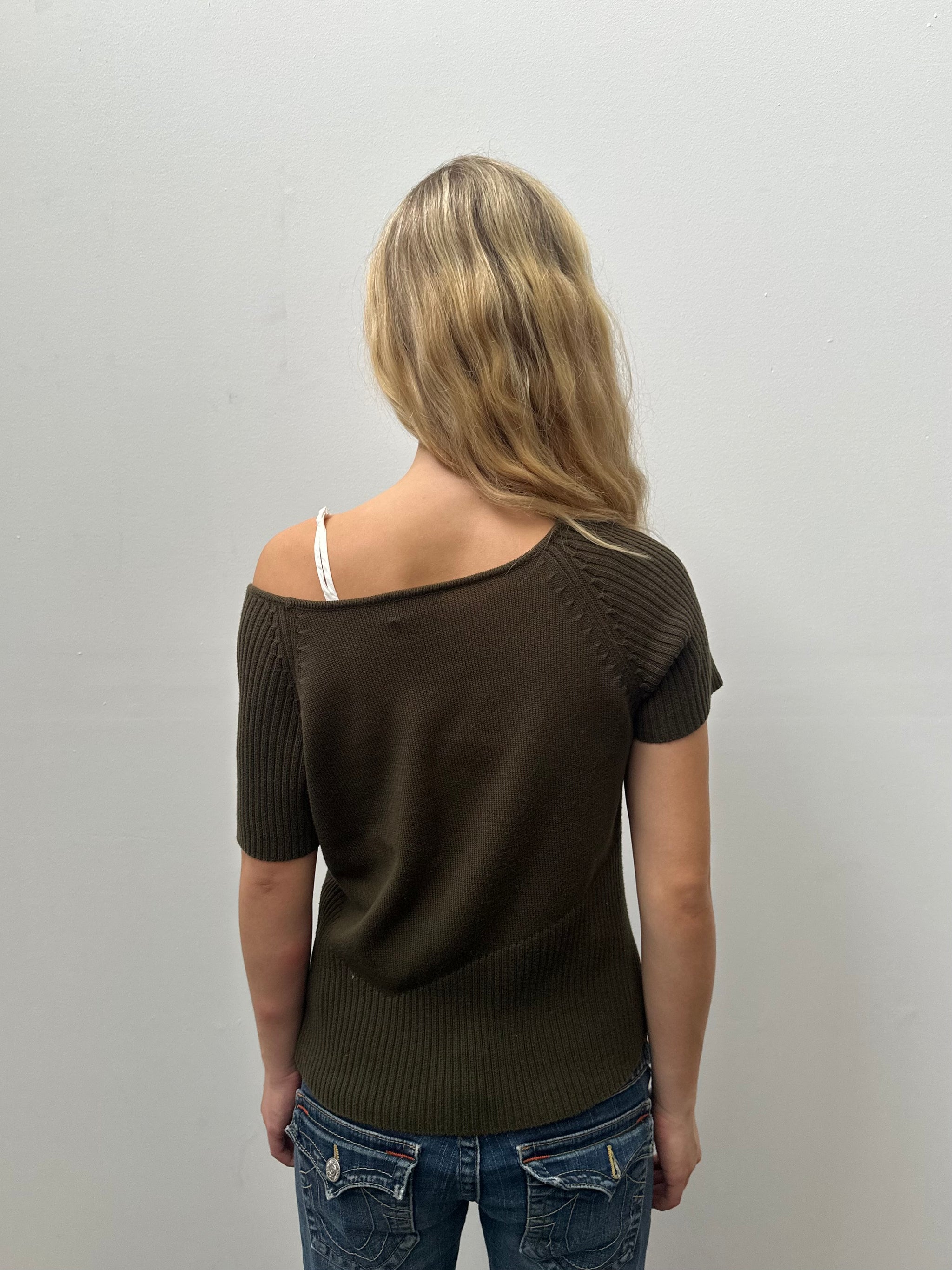 Khaki Knitted Wide Neck Top - Size L