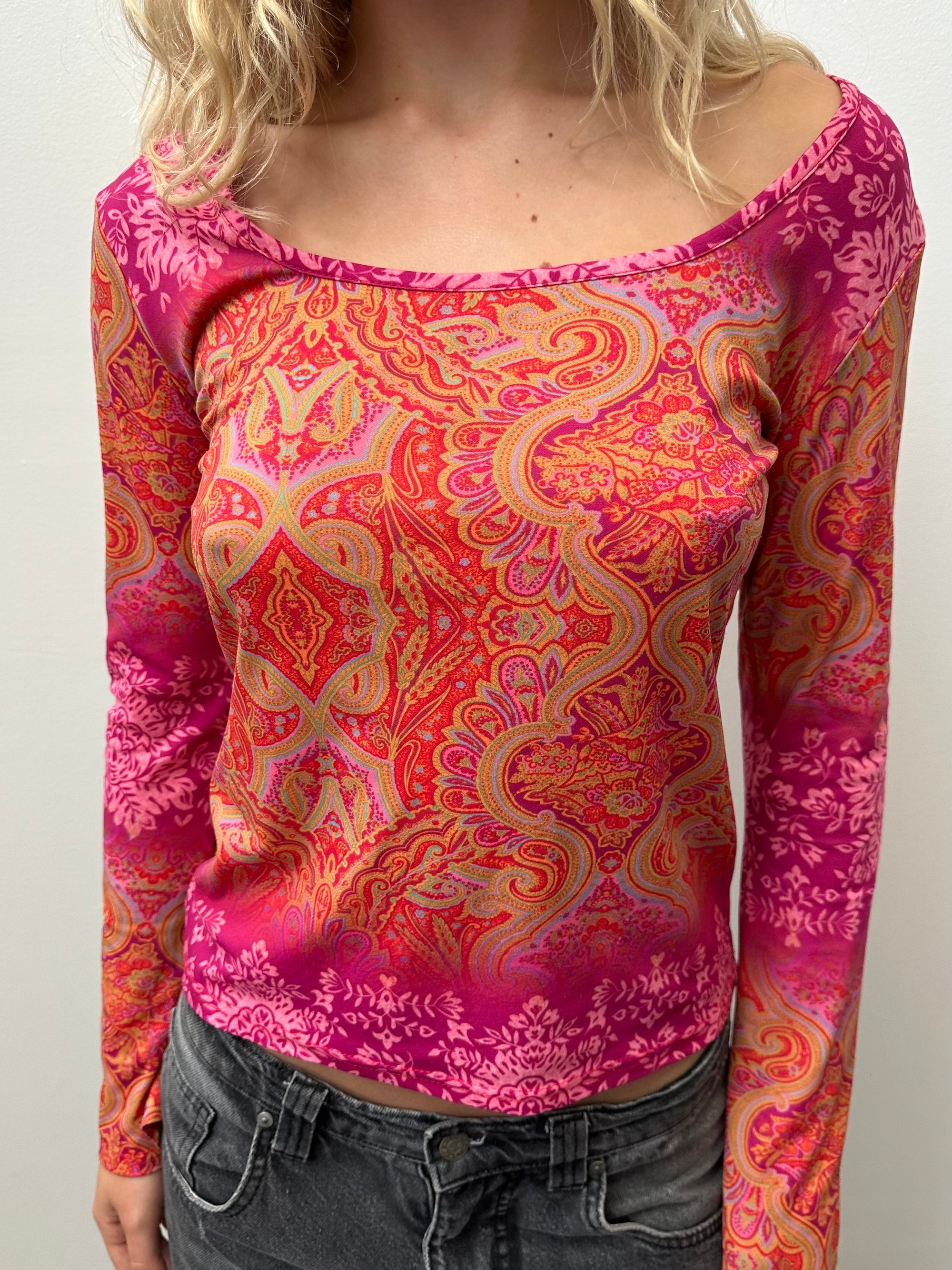 Orange & Pink Paisley Long Sleeve Top - Size M