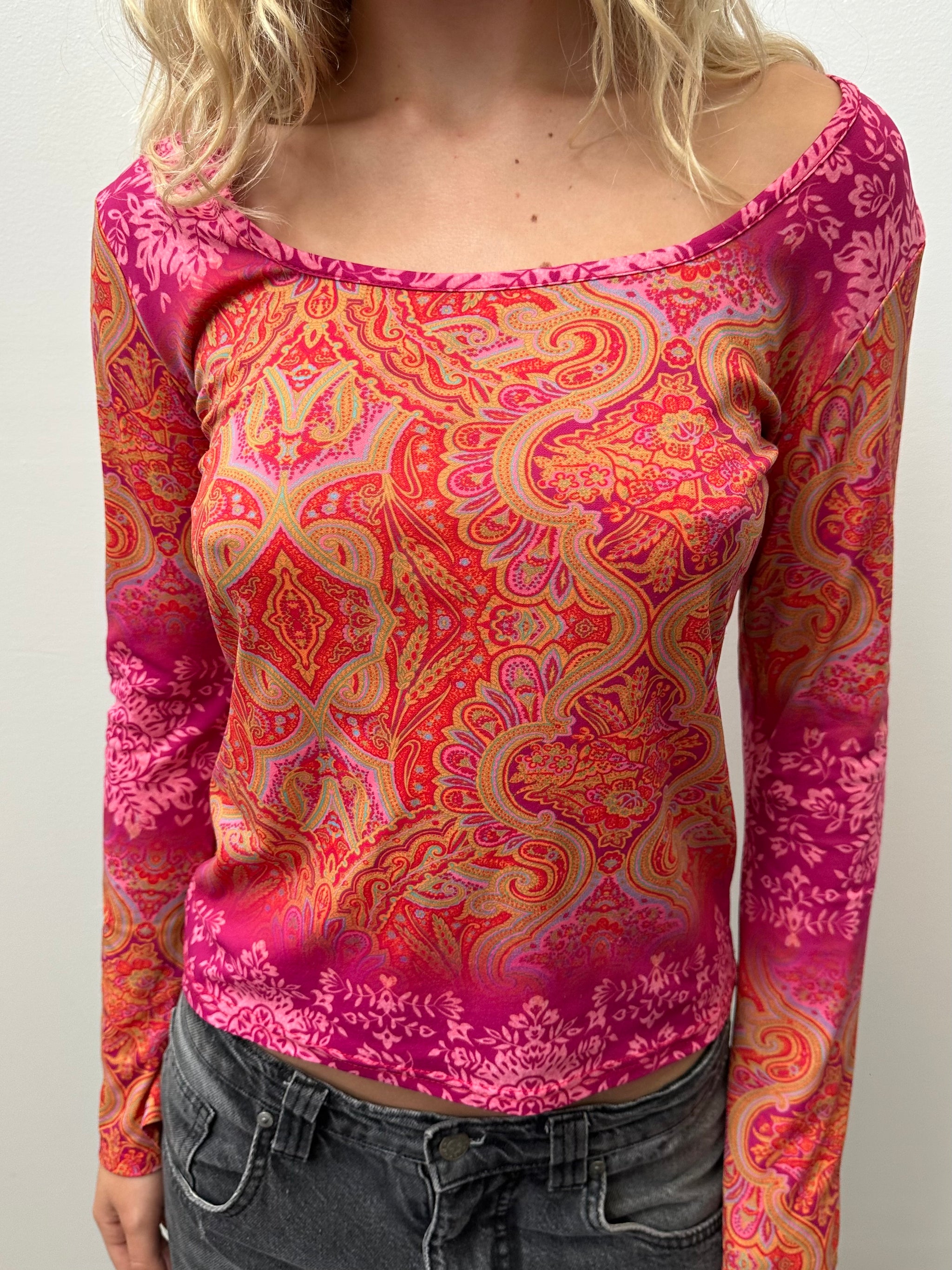 Orange & Pink Paisley Long Sleeve Top - Size M